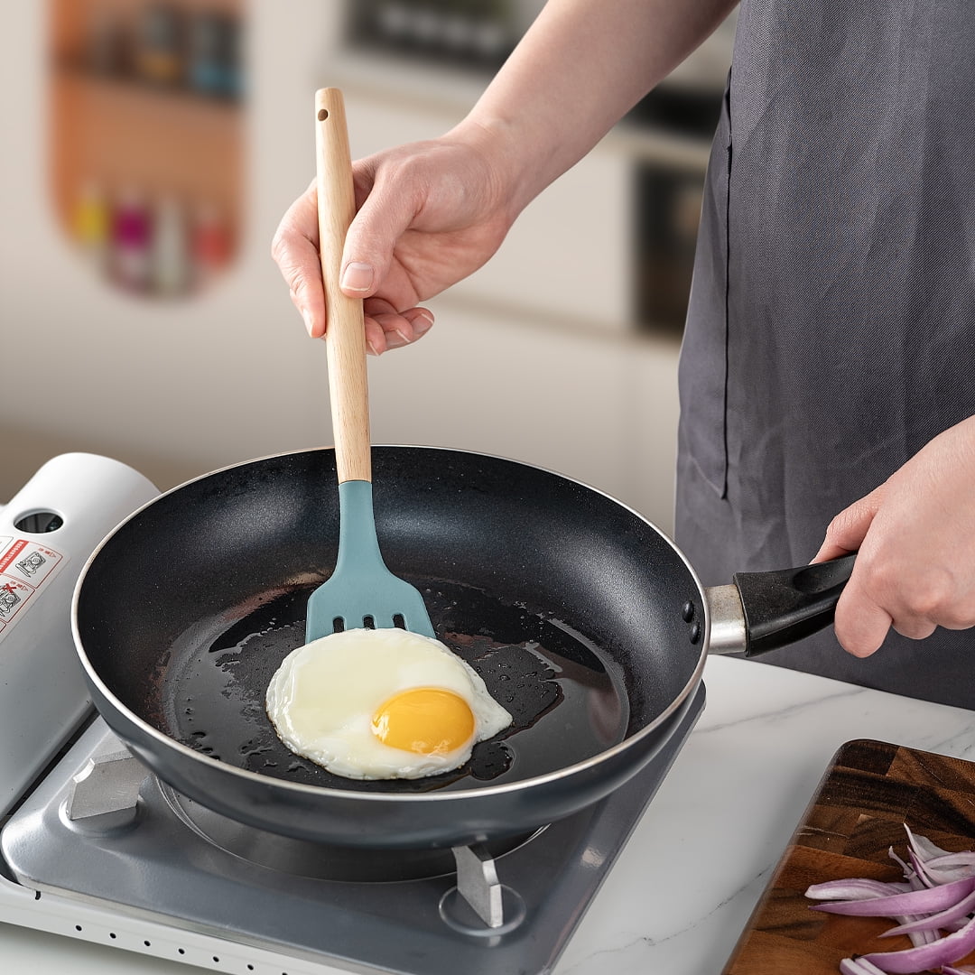 Non-Stick Safe Small Silicone Cooking Utensils with Holder Set (12Pack), Aqua Kitchen Tools with Wooden Handle for Nonstick... - Heat-Resistant Silicone Cooking Spatula Turner Detail