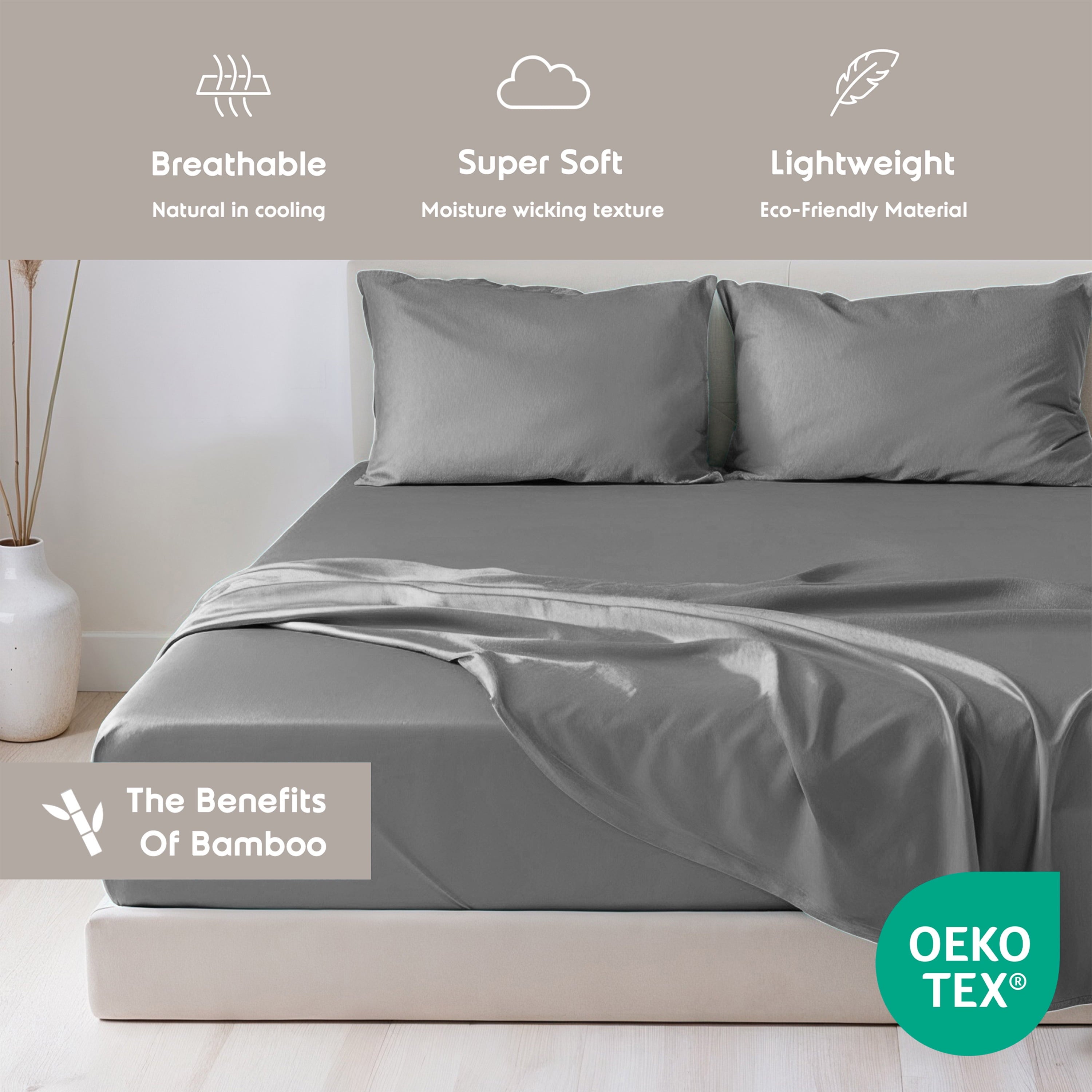 Breathable Luxury Virtu Bed Sheets Set, Deep Pocket Rayon Derived 4 Piece Queen Sheets sets, Gray - Premium Ultra-Soft Pillowcase Pair for Sleeping Detail