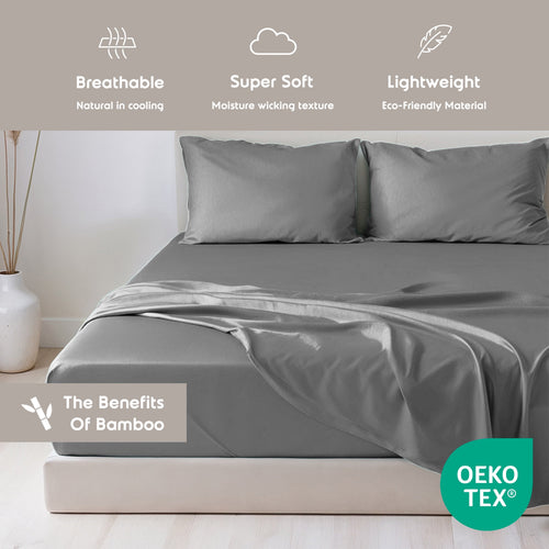Breathable Luxury Virtu Bed Sheets Set, Deep Pocket Rayon Derived 4 Piece Queen Sheets sets, Gray - Premium Ultra-Soft Pillowcase Pair for Sleeping Detail