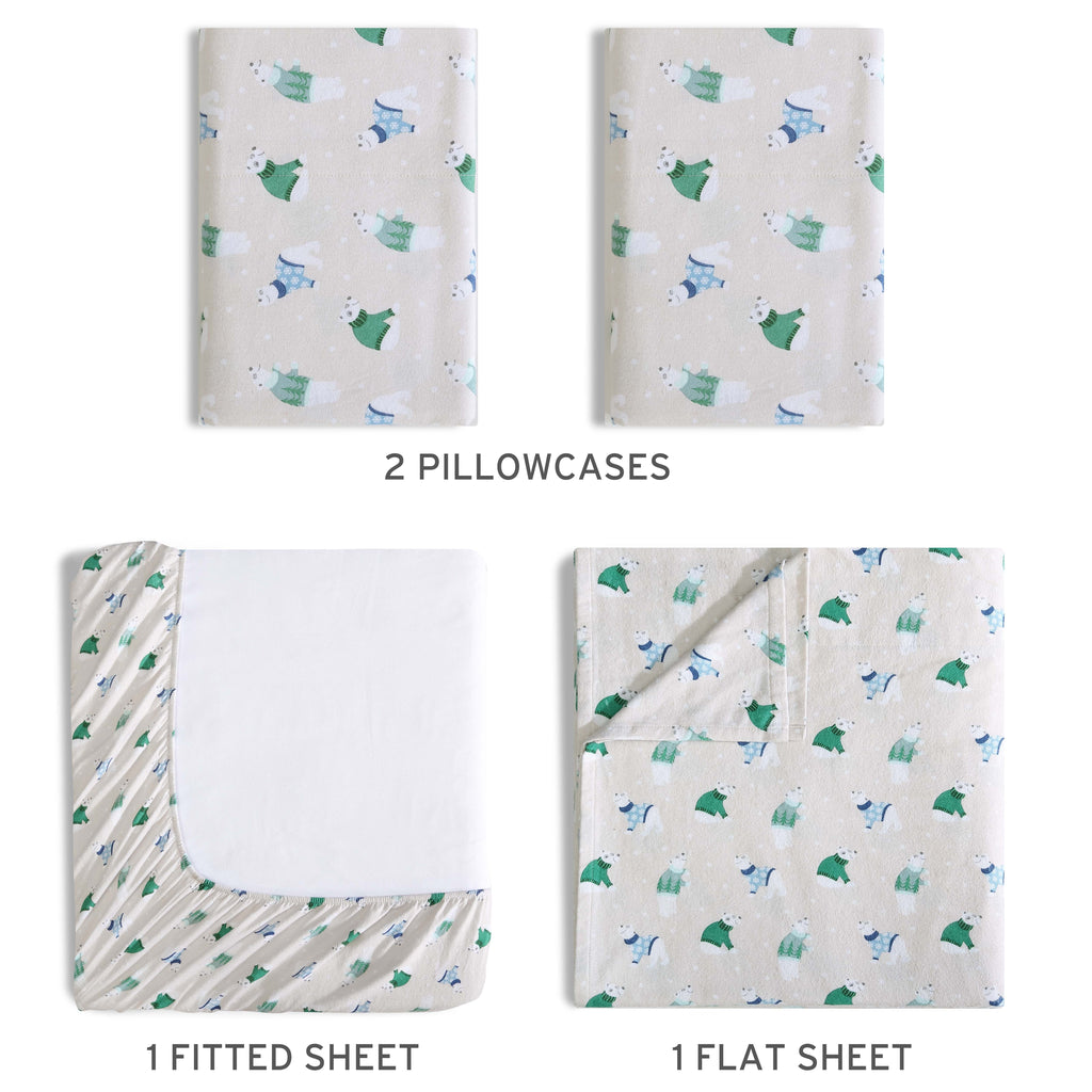 Breathable Luxury Winter Nights Cotton Flannel Sheet Set, King, Holiday Bears - Cooling Hotel Quality Bedding Sheets and Pillowcases Detail