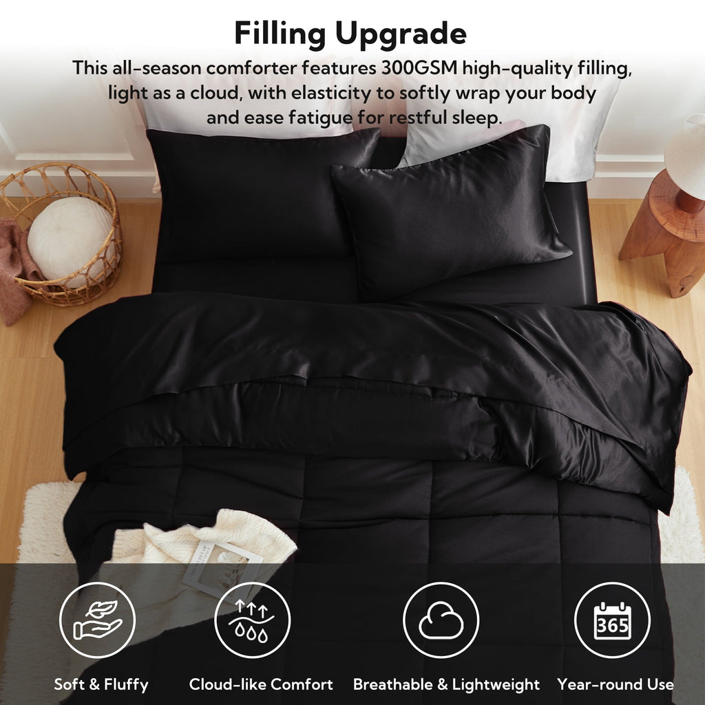 Heavyweight Warmth Reversible Satin Microfiber Comforter 3 Pieces Queen Size, Black Queen Comforter Set for All Seasons, Silky Soft Sati... - All-Season Down Alternative Comforter Insert Detail