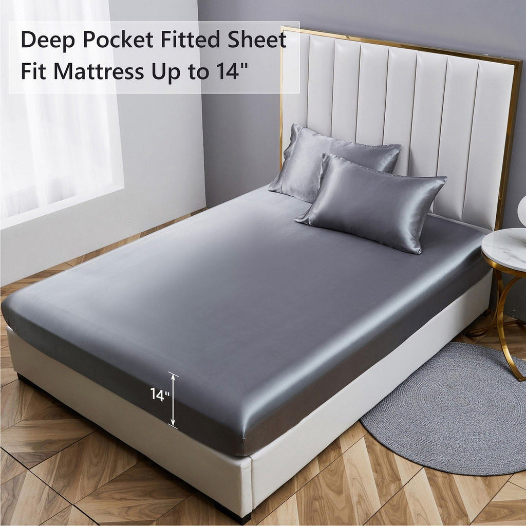 Ultra-Soft Luxury 5-Piece Satin Sheets Twin Silk Sheets Bed Sheet Set Ultra-Silky & Skin-Friendly Deep Pocket Bed Flat Fitted Sheet - Cooling Hotel Quality Bedding Sheets and Pillowcases Detail