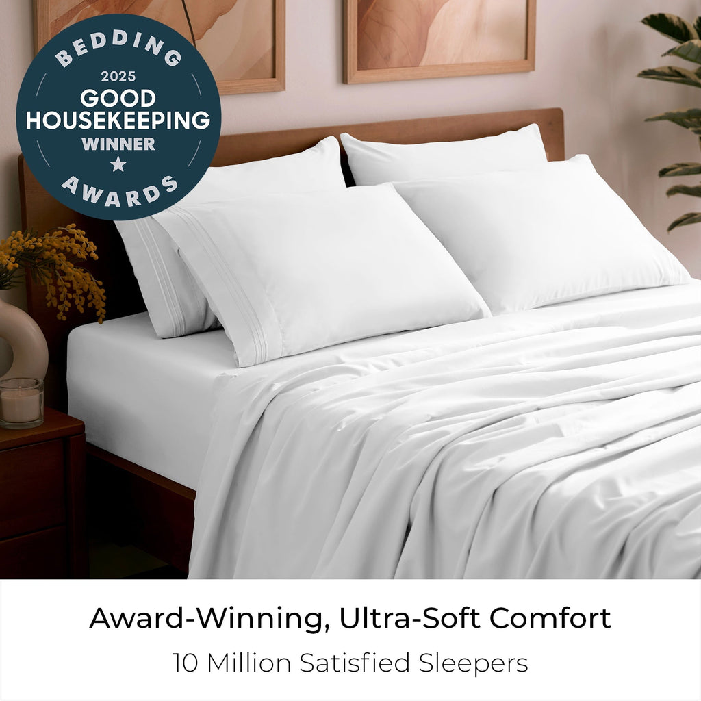 Premium Egyptian Cotton Iconic 6 Piece Bed Sheet Set Brushed Microfiber, Deep Pocket, Queen, White - Luxury Bed Sheet Set with Deep Pockets Detail