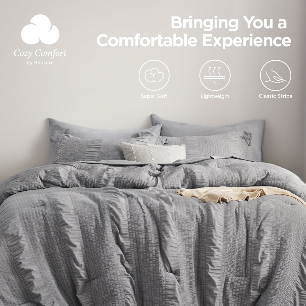 Fluffy Down Alternative Twin Comforter Sets 5 Pieces Stripes Seersucker Bedding Set, Bed in a Bag with Soft Comforter & Sheets, Pillowcase & ... - Hypoallergenic Ultra-Fluffy Quilt for Winter Detail