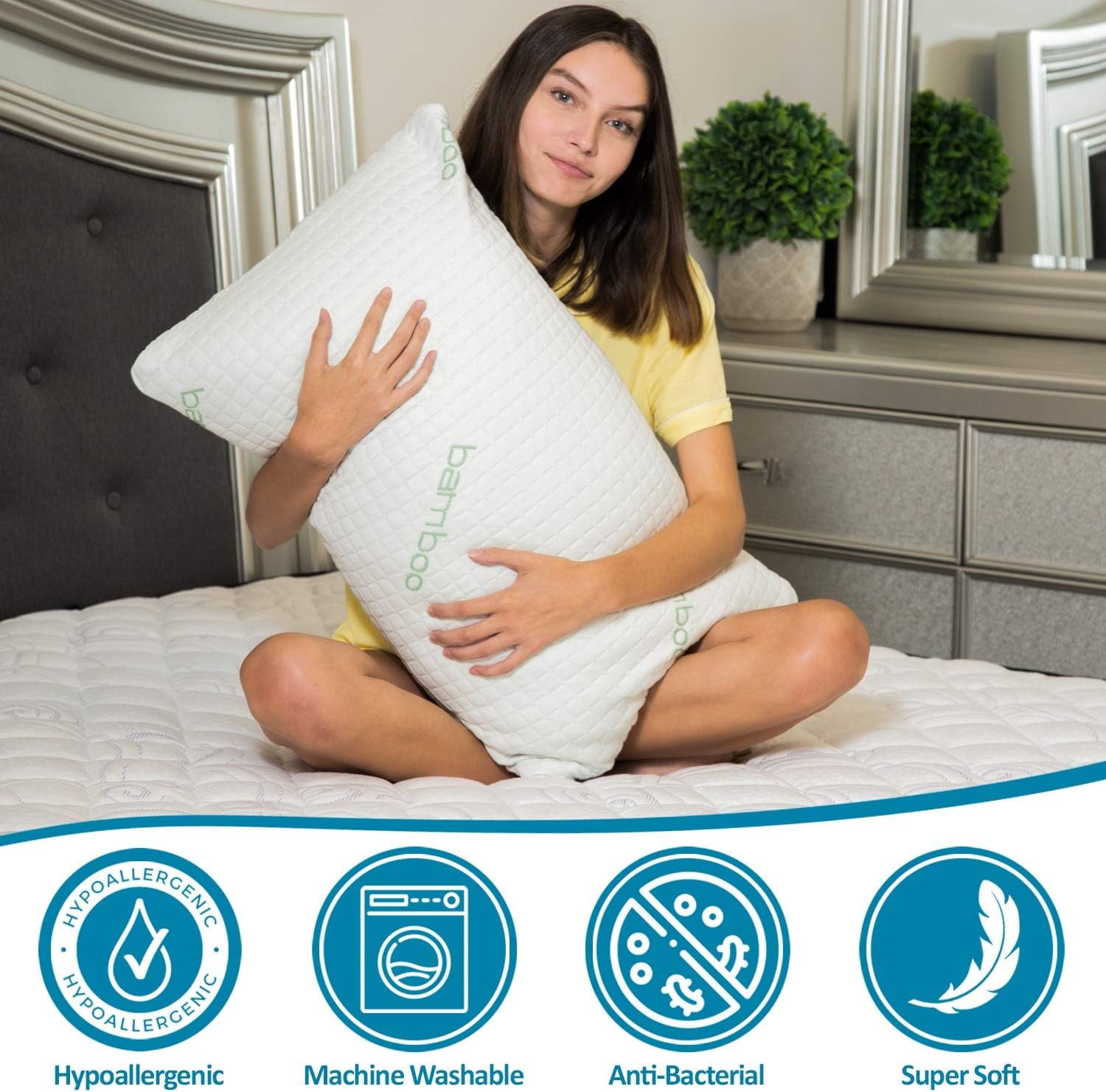 Decorative Plump Queen Size Bamboo Pillow, Memory Foam Bed Pillows with Washable Pillowcases, Queen - Orthopedic Shredded Foam Bed Pillow Set Detail