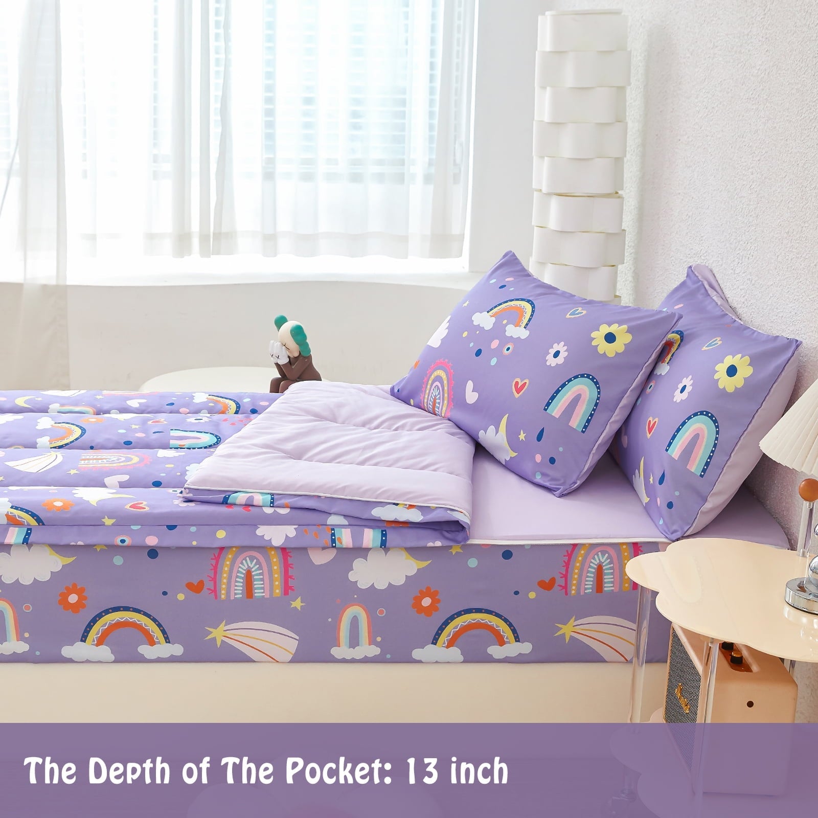 Heavyweight Warmth Zipper Kids Comforter Set, 3-Piece Purple Twin Bed in a Bag, Cartoon Rainbow Stars Flowers Printed Zip Up Comforter S... - All-Season Down Alternative Comforter Insert Detail