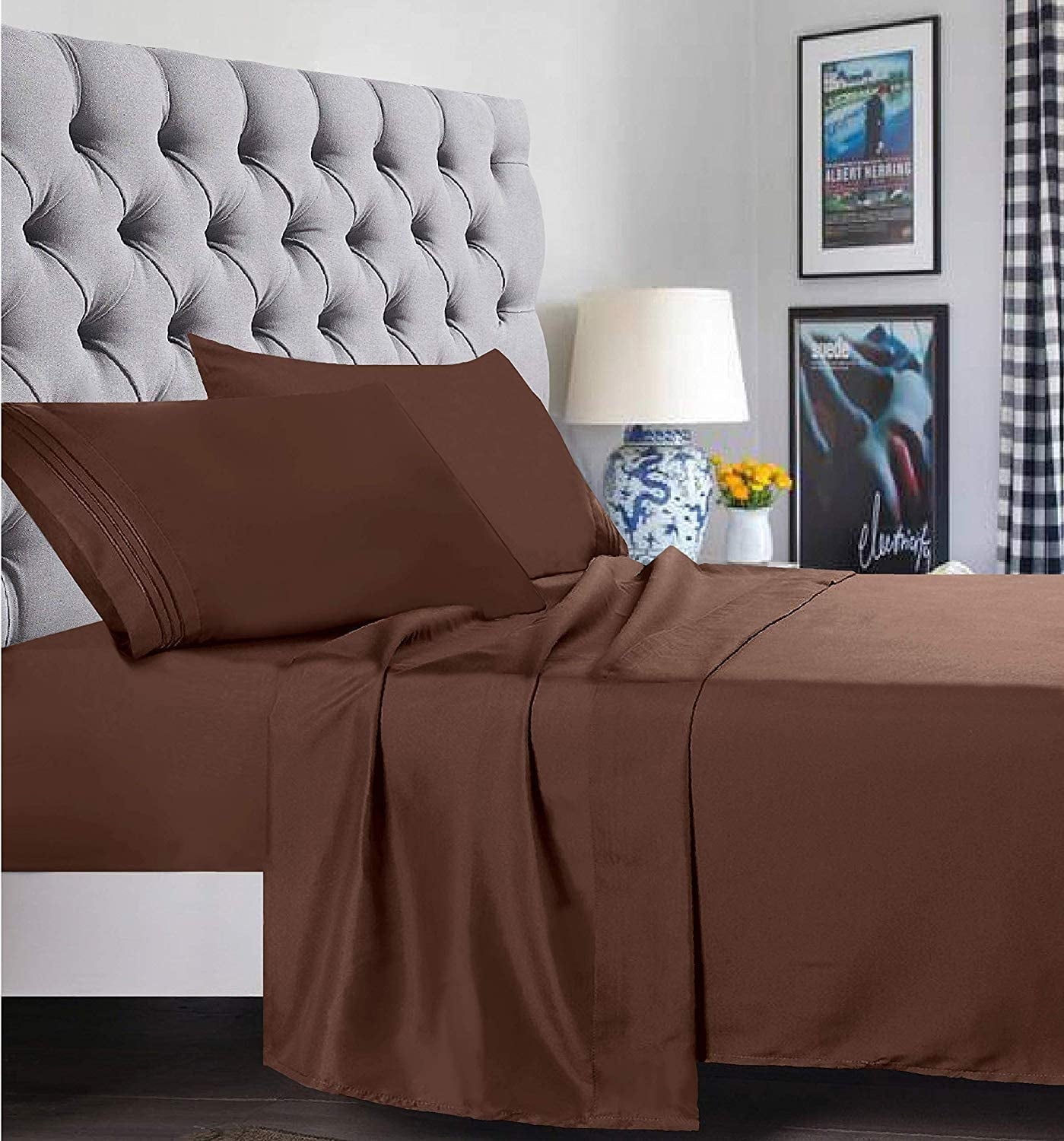 Ultra-Soft 1500 Series Microfiber Bed Sheets 4-Piece Set, Deep Pocket, Twin/Twin XL Chocolate Brown - Luxury Bed Sheet Set with Deep Pockets Detail