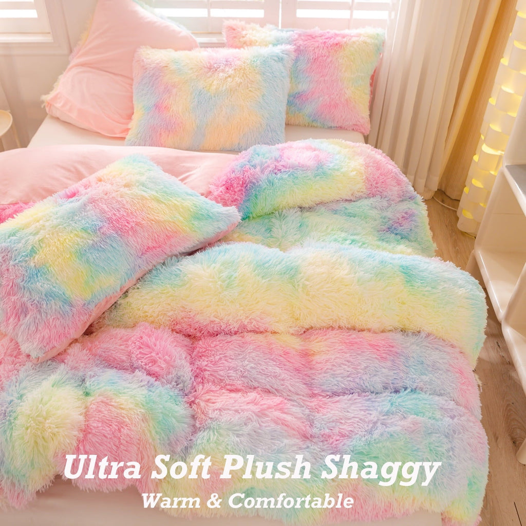 Heavyweight Warmth 3Pcs Pink Faux Fur Twin Comforter Set for Girls Tie Dye Rainbow Kid Bed Set Plush Shaggy Bedding Sets Fuzzy Bed Comfo... - All-Season Down Alternative Comforter Insert Detail