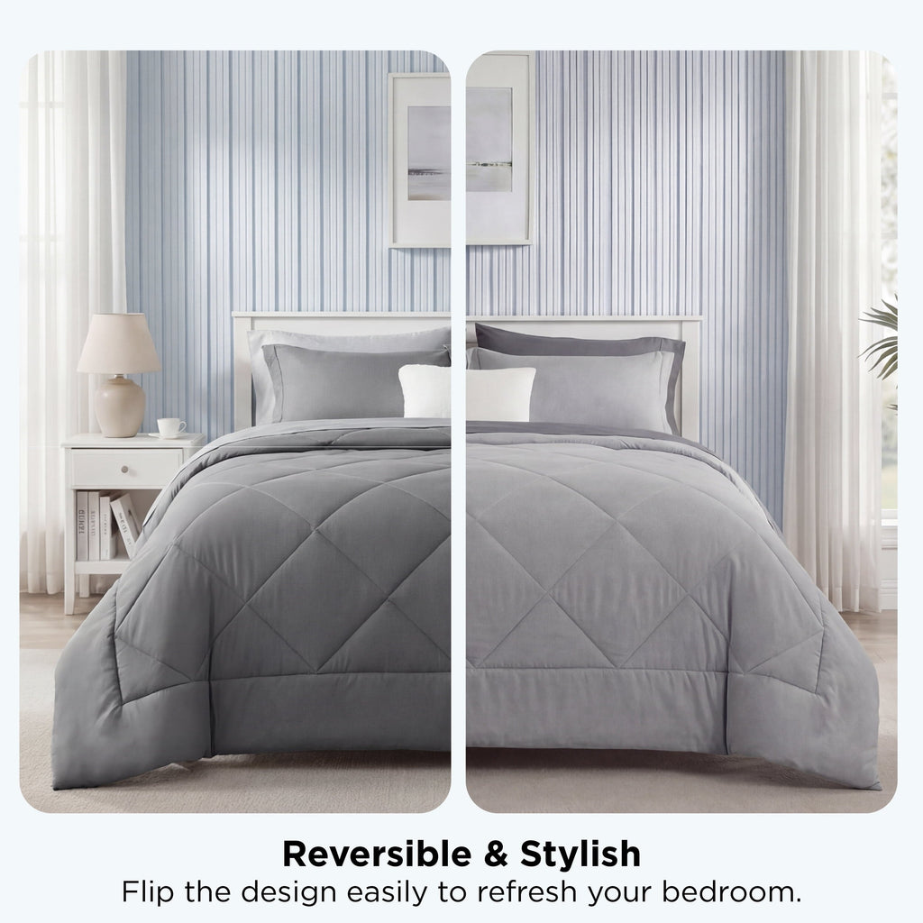 All-Season Queen Reversible Comforter Set - 7 Pieces Grey Bedding, Bed in a Bag with Alternative Comforter, Sheets, Pillowcases ... - All-Season Down Alternative Comforter Insert Detail
