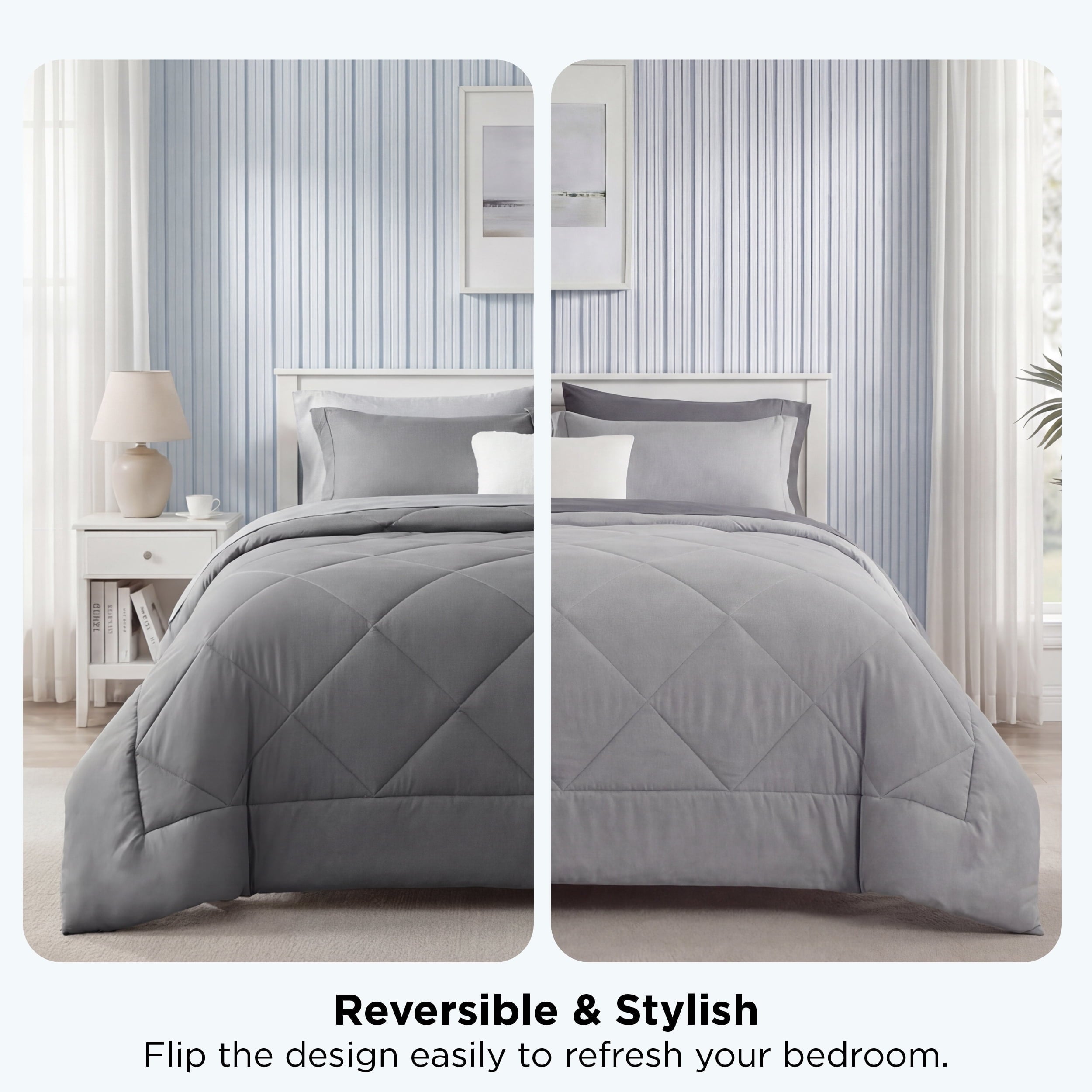 All-Season Queen Reversible Comforter Set - 7 Pieces Grey Bedding, Bed in a Bag with Alternative Comforter, Sheets, Pillowcases ... - All-Season Down Alternative Comforter Insert Detail