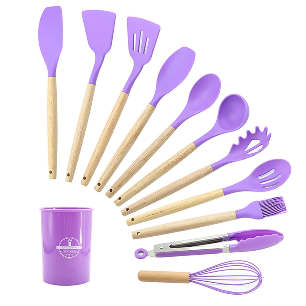 Ergonomic Cooking 12Pcs Cooking Kitchen Utensils Set with Holder,Wooden Handles Cooking Tool,BPA Free,Non Toxic Turner Tongs Spa... - Ergonomic Kitchen Tongs and Cooking Spoon Utensil Detail
