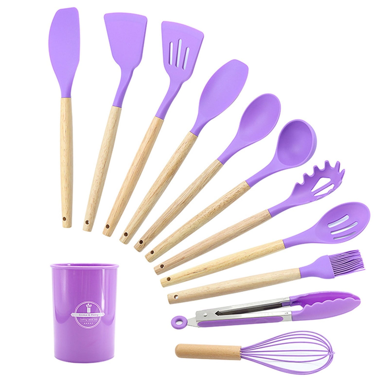 Ergonomic Cooking 12Pcs Cooking Kitchen Utensils Set with Holder,Wooden Handles Cooking Tool,BPA Free,Non Toxic Turner Tongs Spa... - Ergonomic Kitchen Tongs and Cooking Spoon Utensil Detail