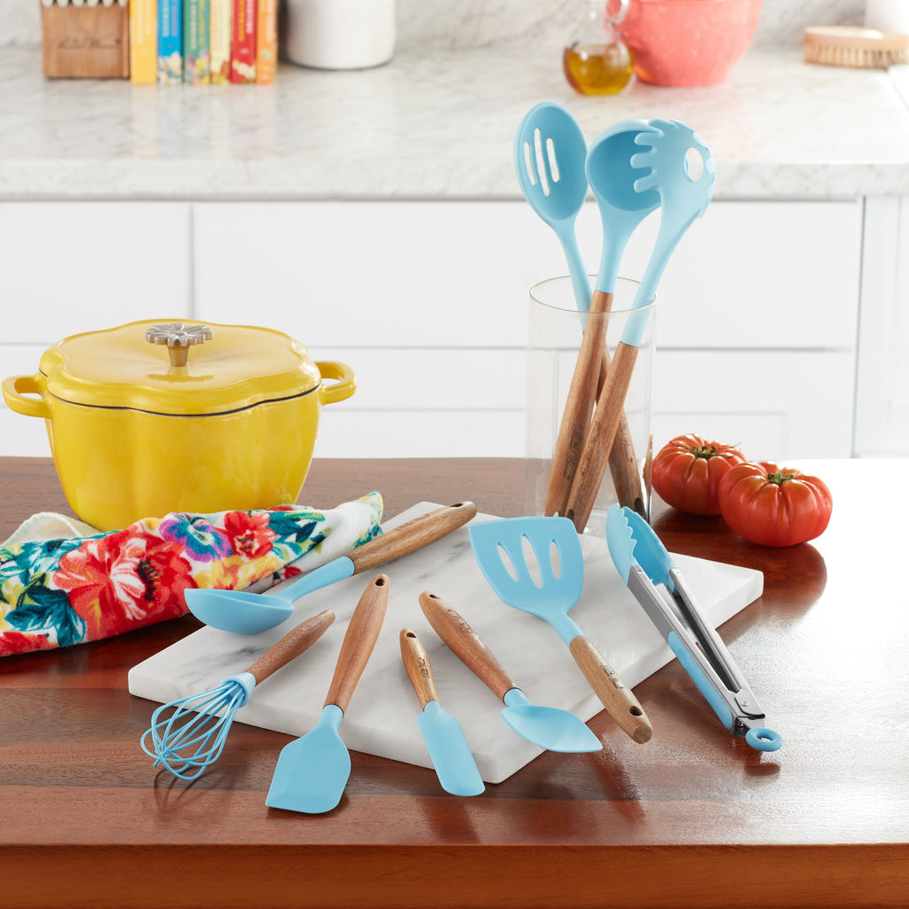 Chef-Quality 10-Piece Silicone and Acacia Wood Handle Cooking Utensils Set, Blue - Heavy Duty Stainless Steel Kitchen Shears Detail