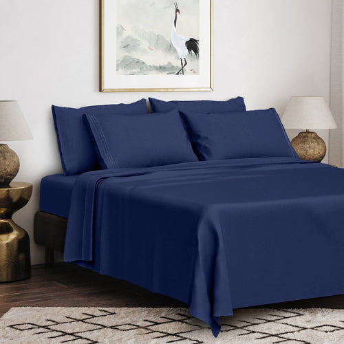 Cooling Sateen Queen Bed Sheets Set, 6 Pc Microfiber Bed Sheets, Extra Deep Pocket Queen Fitted Sheet, Flat Sheet & Pillowcases, Nav... - Cooling Hotel Quality Bedding Sheets and Pillowcases Detail