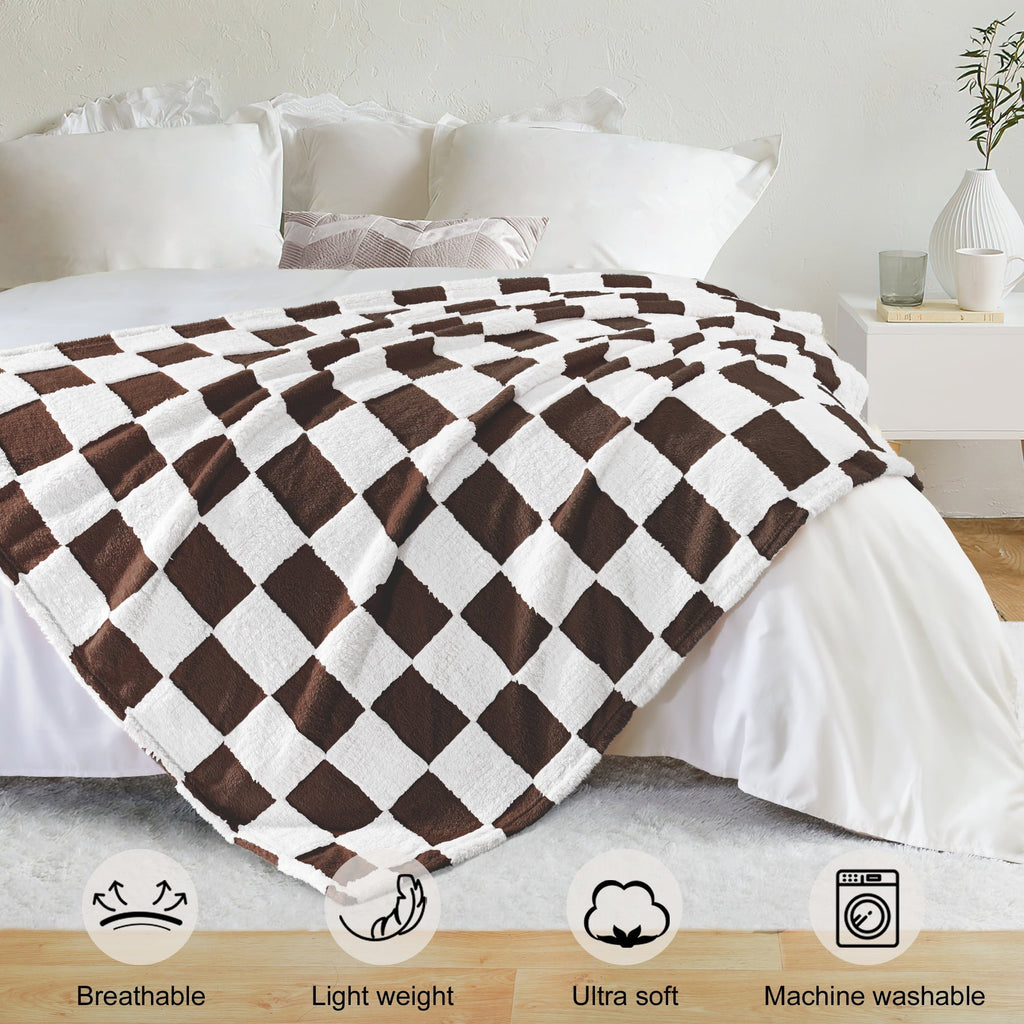 Lightweight Warm Checkered Throw Blanket, Super Soft and Warm Fluffy Fleece Blanket for Couch, Sofa, Bed, Cute Plaid Pattern, Coffee, ... - Cozy Fleece Throw Blanket for Couch & Bed Detail