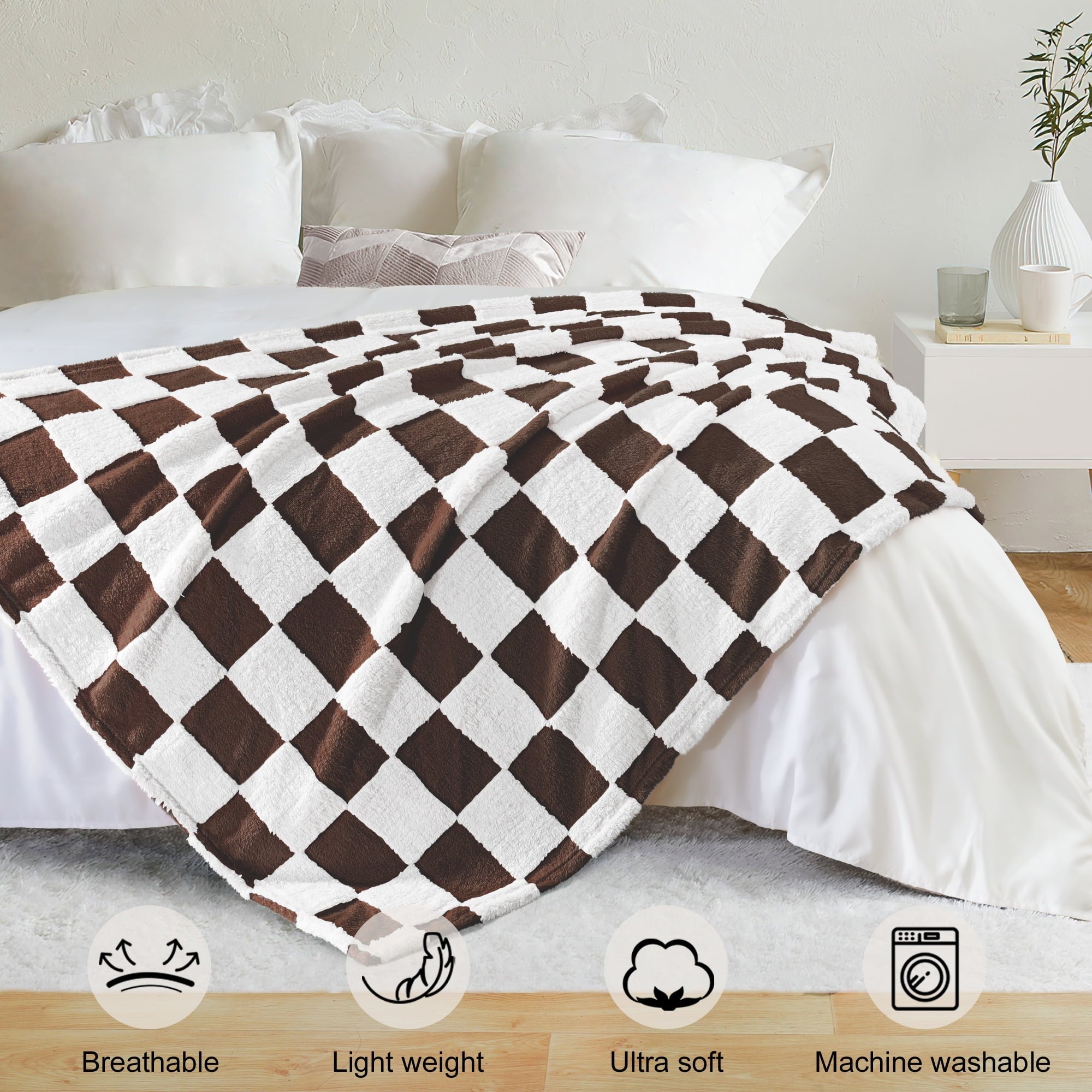Lightweight Warm Checkered Throw Blanket, Super Soft and Warm Fluffy Fleece Blanket for Couch, Sofa, Bed, Cute Plaid Pattern, Coffee, ... - Cozy Fleece Throw Blanket for Couch & Bed Detail