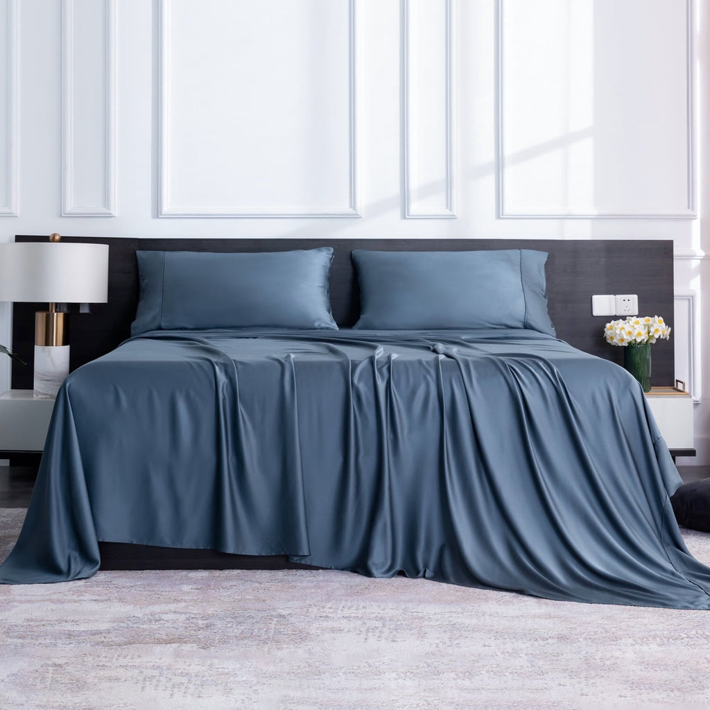 Cooling Sateen Luxury Bamboo Bed Sheets Set Full 4 Pcs for Adult,Soft&Cool,16" Deep Pocket,Blue Gray - Luxury Bed Sheet Set with Deep Pockets Detail