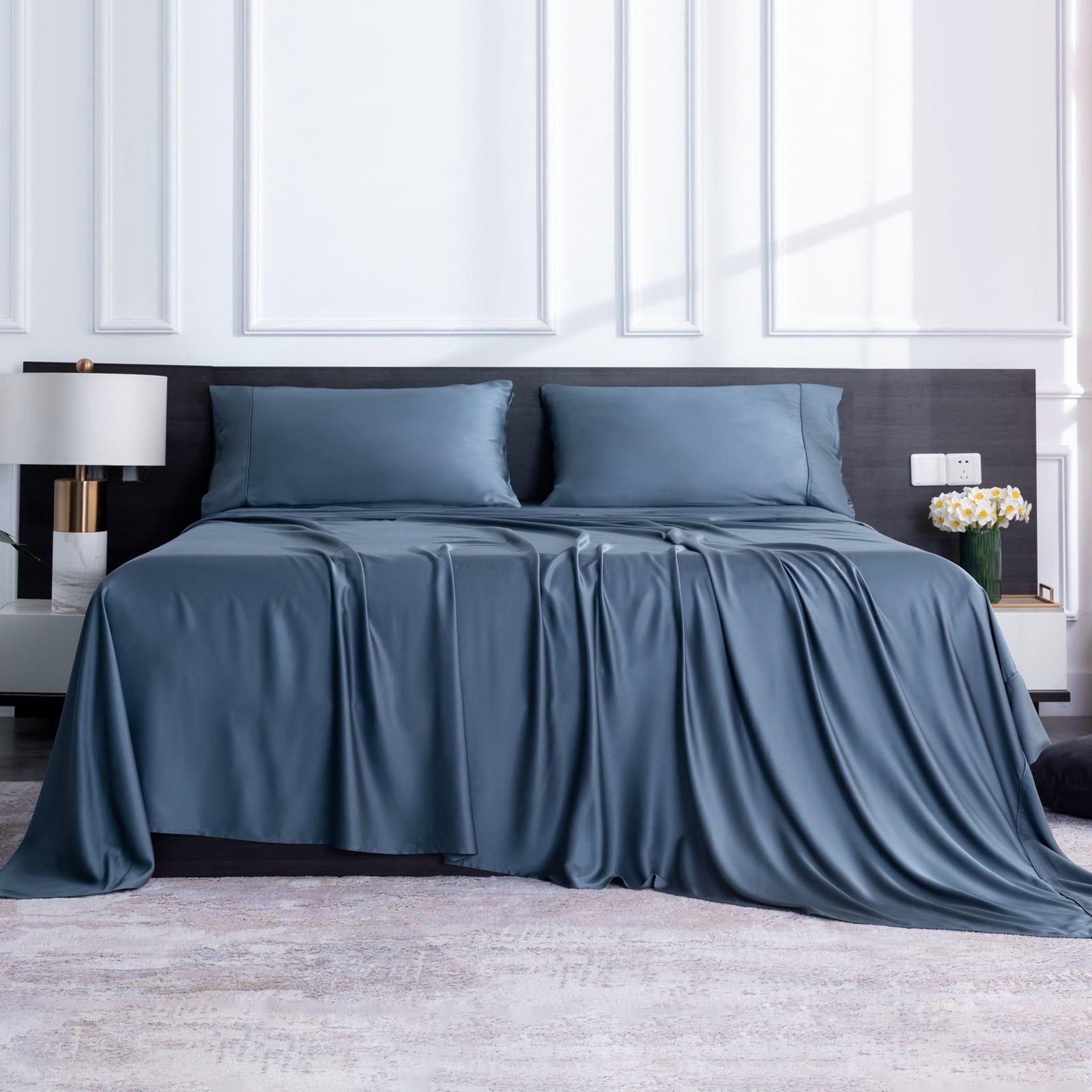 Cooling Sateen Luxury Bamboo Bed Sheets Set Full 4 Pcs for Adult,Soft&Cool,16" Deep Pocket,Blue Gray - Luxury Bed Sheet Set with Deep Pockets Detail