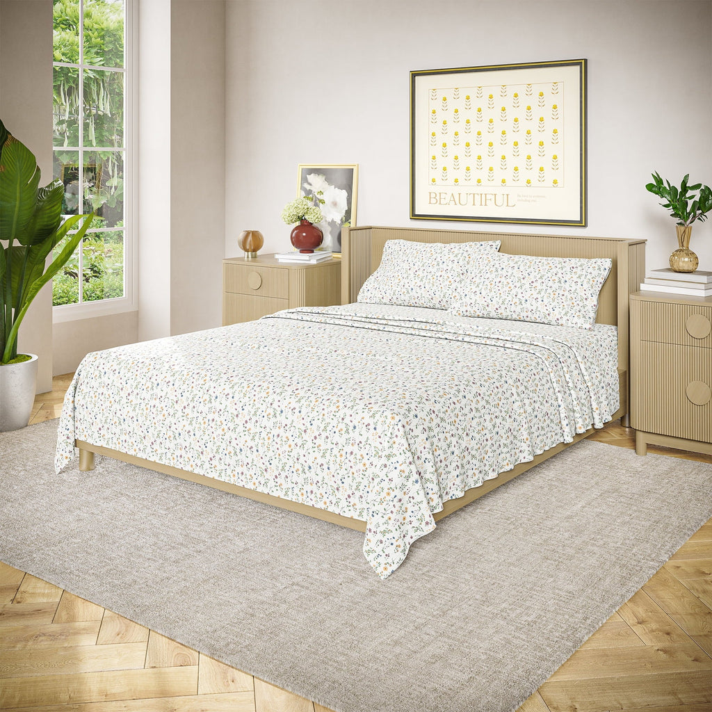 Ultra-Soft Botanical 4-Piece 100% Cotton Washed Percale White Sheet Set, Queen - Luxury Bed Sheet Set with Deep Pockets Detail