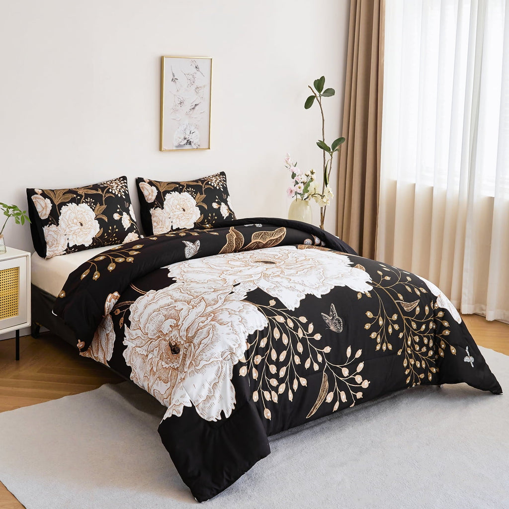 Heavyweight Warmth Black Floral Comforter Set Queen, Printed Comforter White Flowers Butterfly Bedding Set, 3 Pieces Botanical Reversibl... - All-Season Down Alternative Comforter Insert Detail