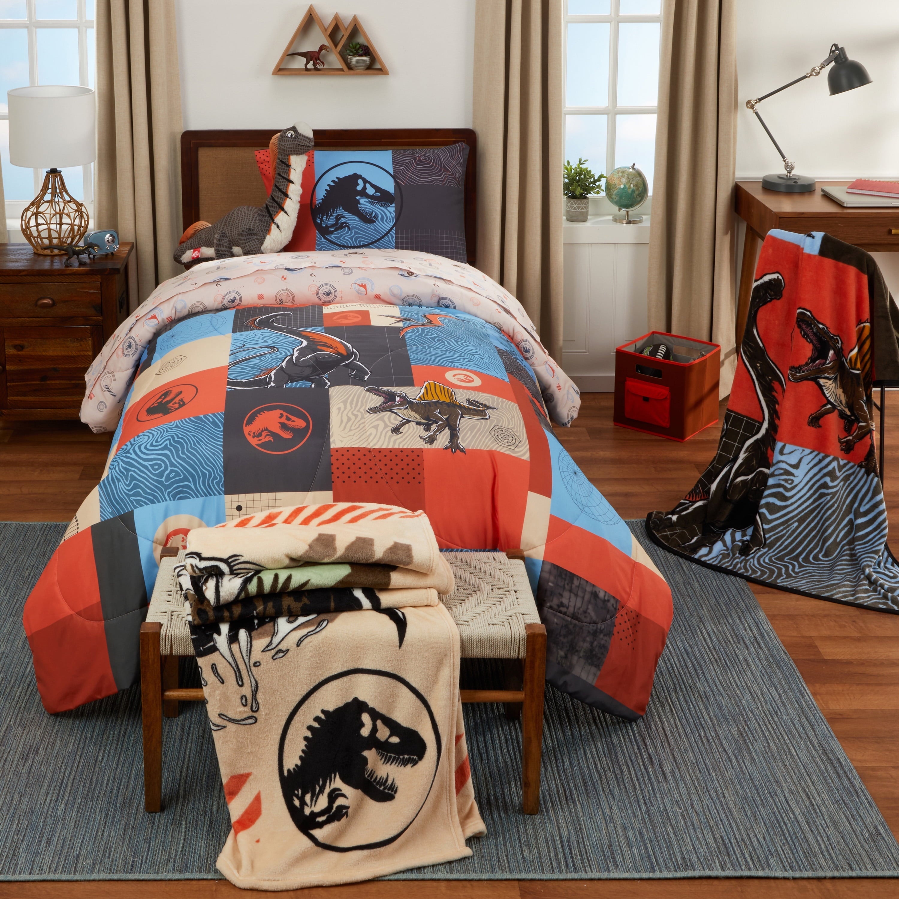 Luxurious Quilted Kids 2 Piece Blue Orange Reversible Dinosaur Comforter and Pillowcase set, Twin/full - Cloud-Like Soft Lightweight Bed Comforter Detail