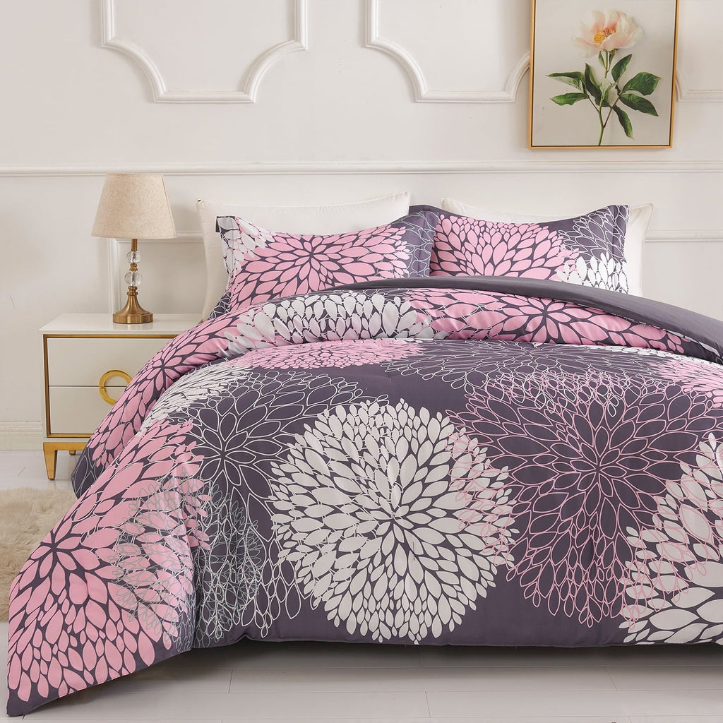 All-Season 2 Pieces Pink Floral Comforter Set Twin Size, Botanical Bedding Sets with Cute Flowers Printing for Teen Girls - All-Season Down Alternative Comforter Insert Detail