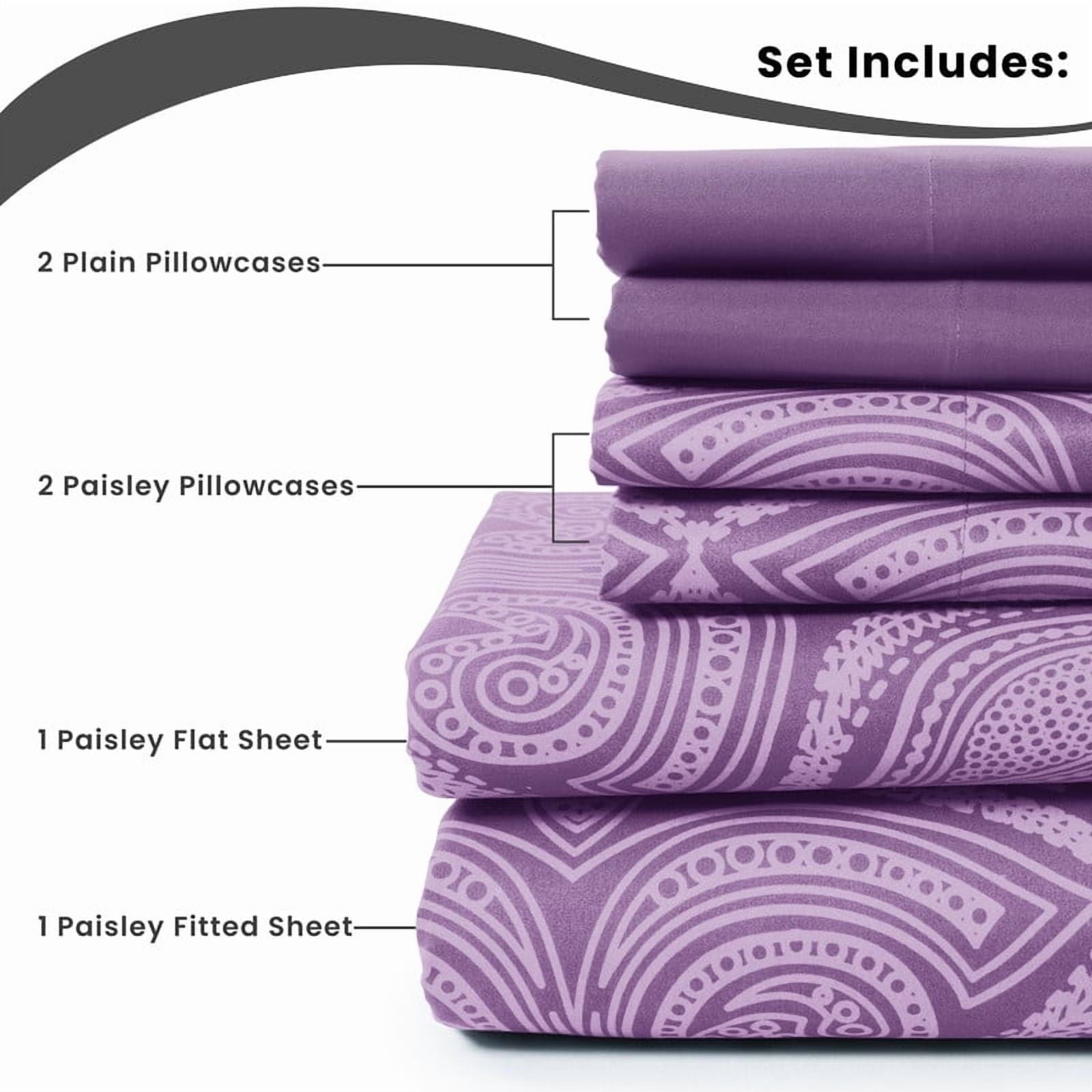 Wrinkle-Resistant Paisley Printed Queen Bed Sheets Set, Microfiber 6 Piece Bedding Set - Purple - Cooling Hotel Quality Bedding Sheets and Pillowcases Detail