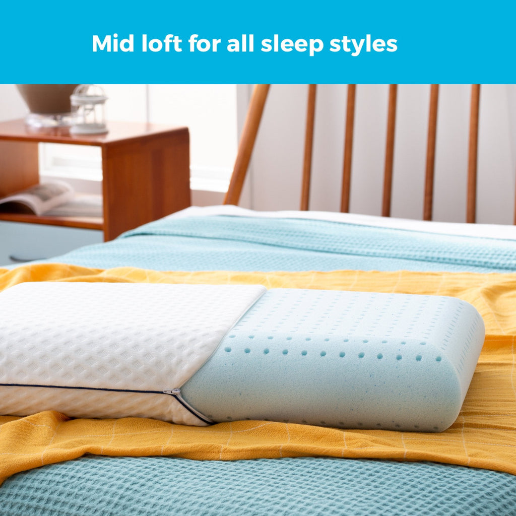 Orthopedic Support Medium Feel Standard Size Ventilated Gel Memory Foam Bed Pillow with Washable Cover and Temperature Regulating Infusion - Ergonomic Memory Foam Pillow for Neck Pain Support Detail