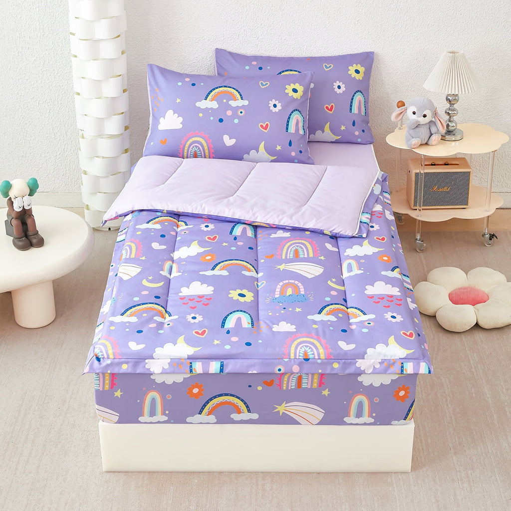 Heavyweight Warmth Zipper Kids Comforter Set, 3-Piece Purple Twin Bed in a Bag, Cartoon Rainbow Stars Flowers Printed Zip Up Comforter S... - All-Season Down Alternative Comforter Insert Detail