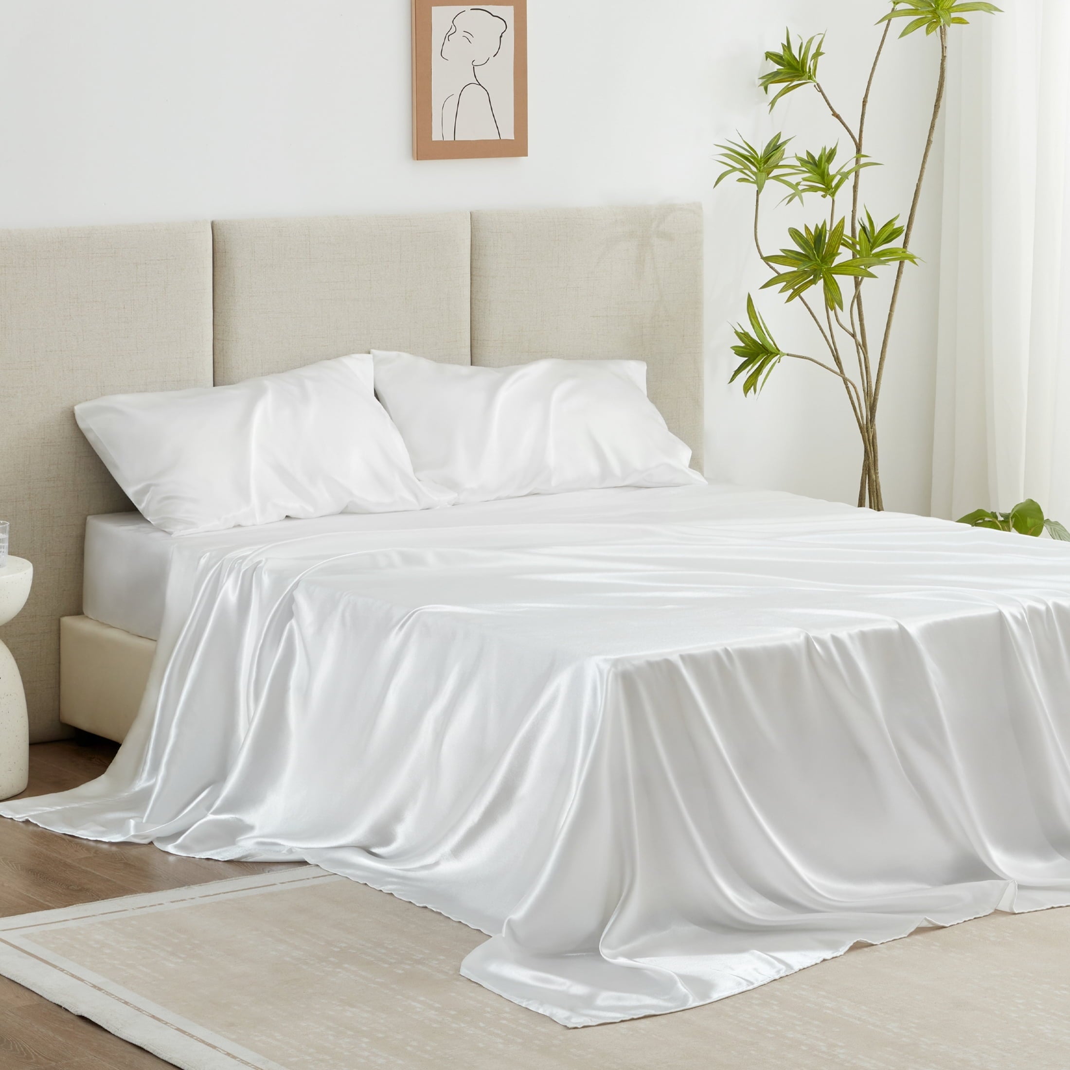 Ultra-Soft Satin Sheets Full Sheet Set Deep Pocket Luxury Silky Bed Sheets for Hair and Skin 4 Pieces, White - Premium Ultra-Soft Pillowcase Pair for Sleeping Detail