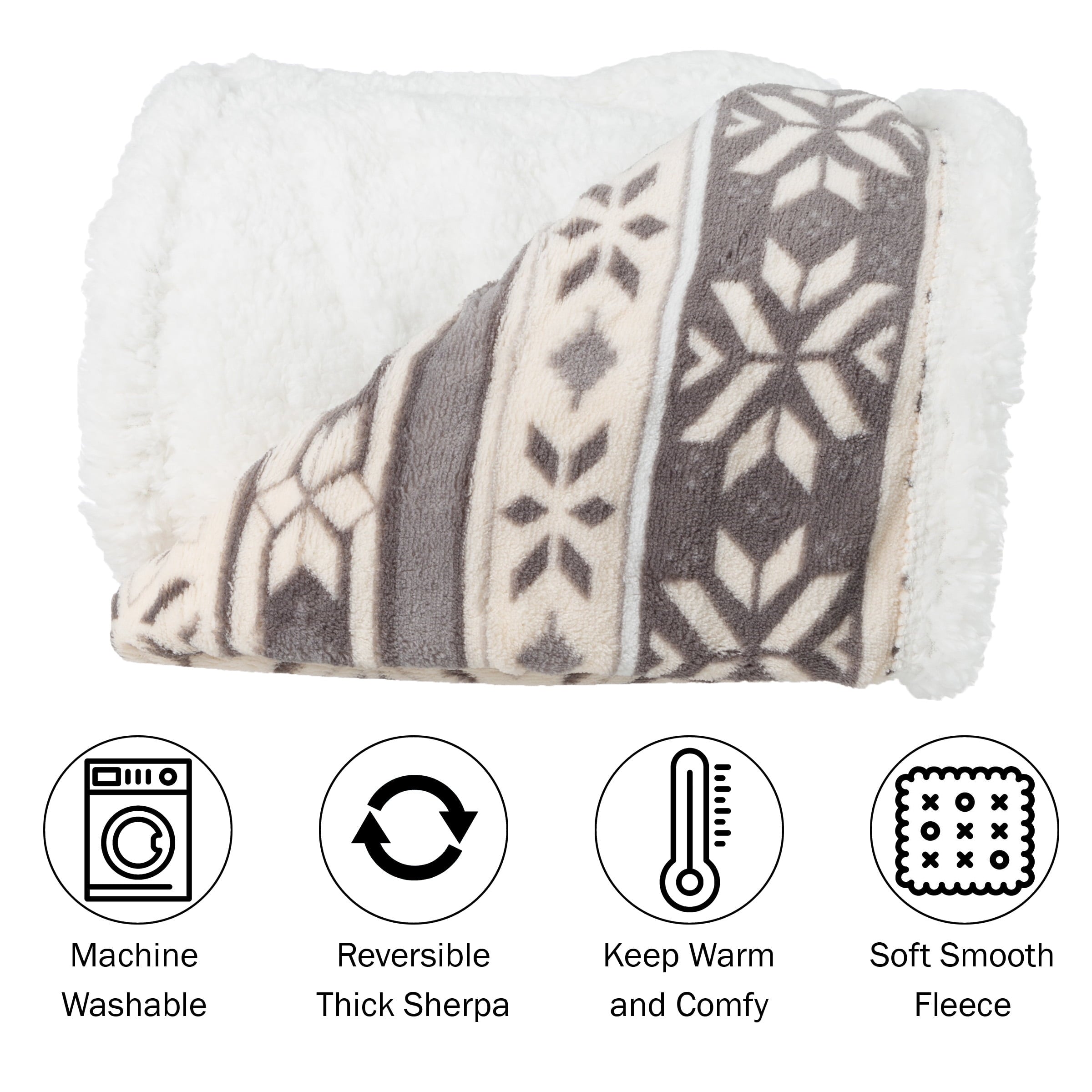 Decorative Knitted 50x60-Inch Machine Washable Fleece Blanket with Snowflakes - Super Soft Reversible Sherpa Flannel Blanket Detail