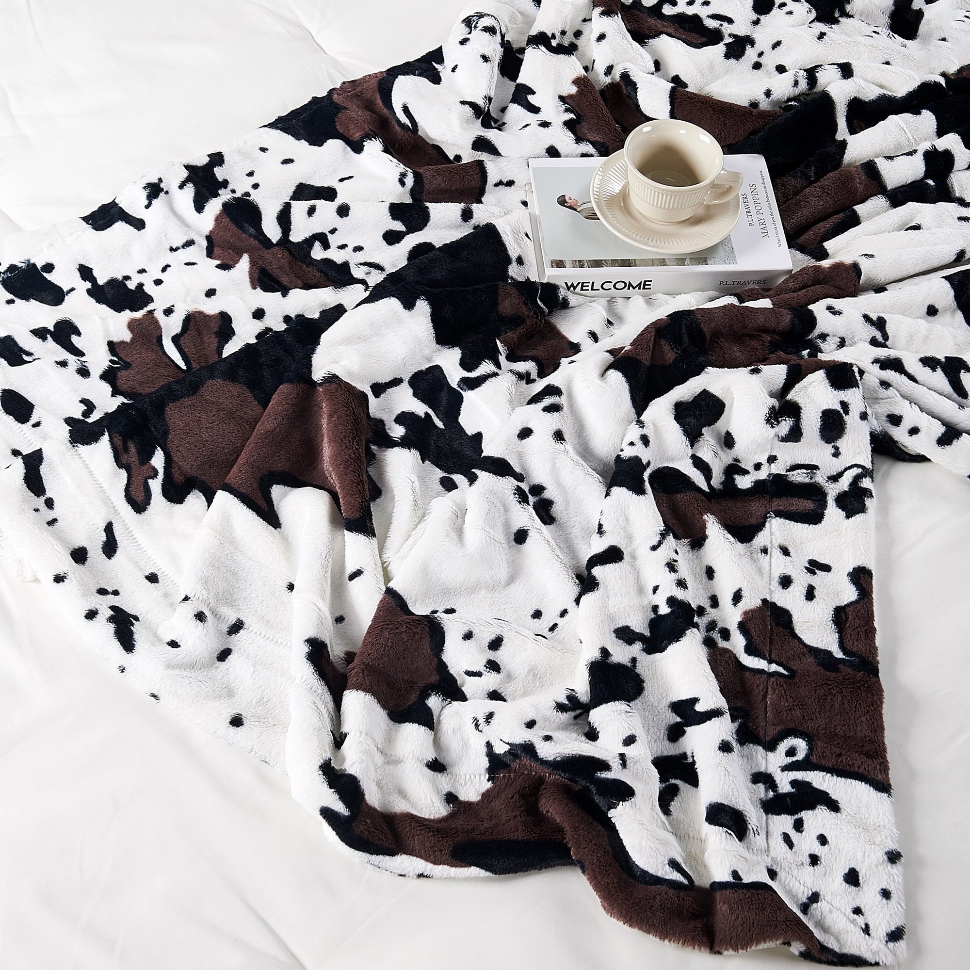 Decorative Knitted Cow Print Double Sided Faux Fur Throw Blanket, Soft Cozy Fuzzy Black and White Throw, 50x60 inches - Luxury Knitted Decorative Throw Blanket with Fringes Detail
