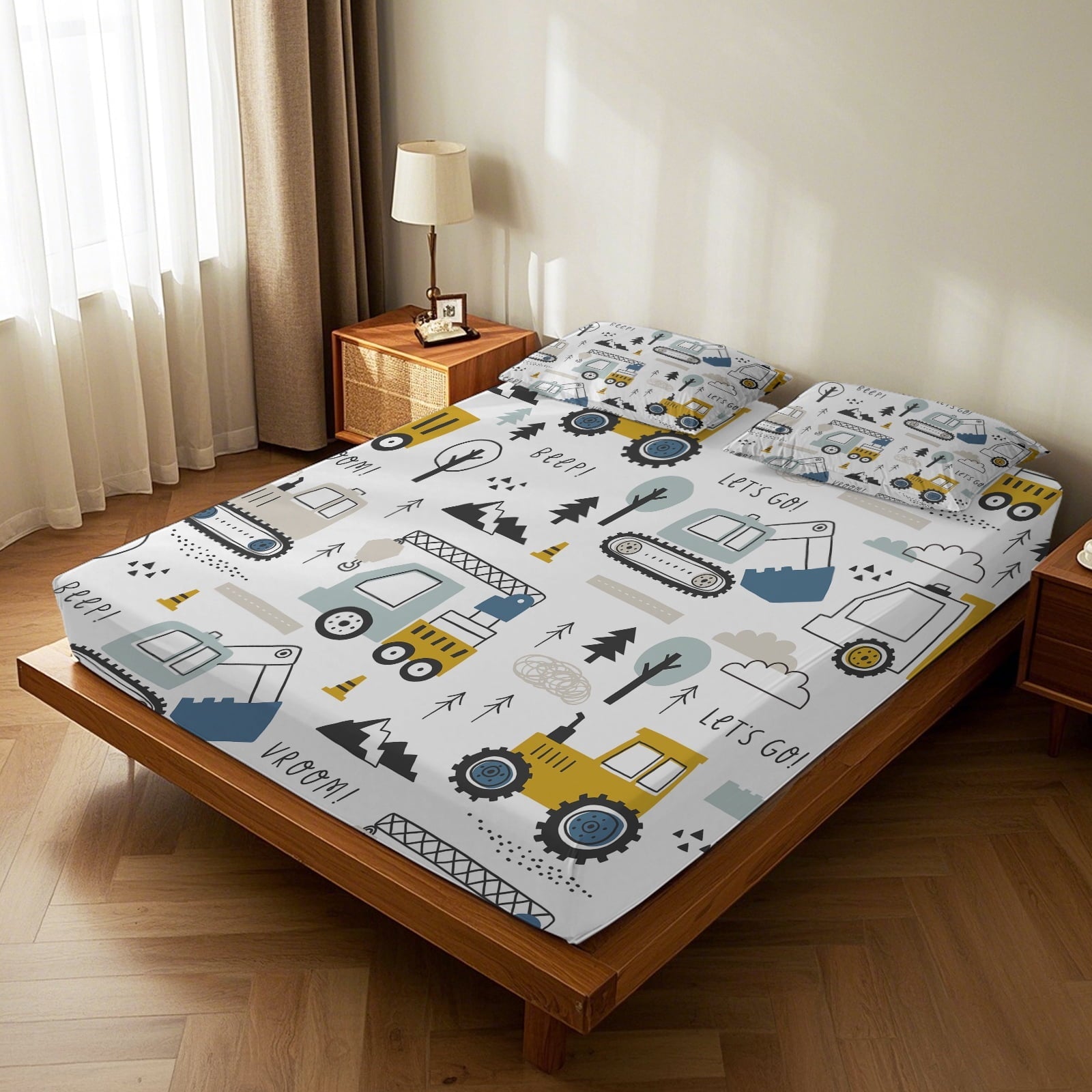 Cooling Sateen Cartoon Excavator Sheet Set for Kids Boys Truck Construction Bedding Set Engineering Vehicle Bed Sheet Sets with 1 Fi... - Cooling Hotel Quality Bedding Sheets and Pillowcases Detail