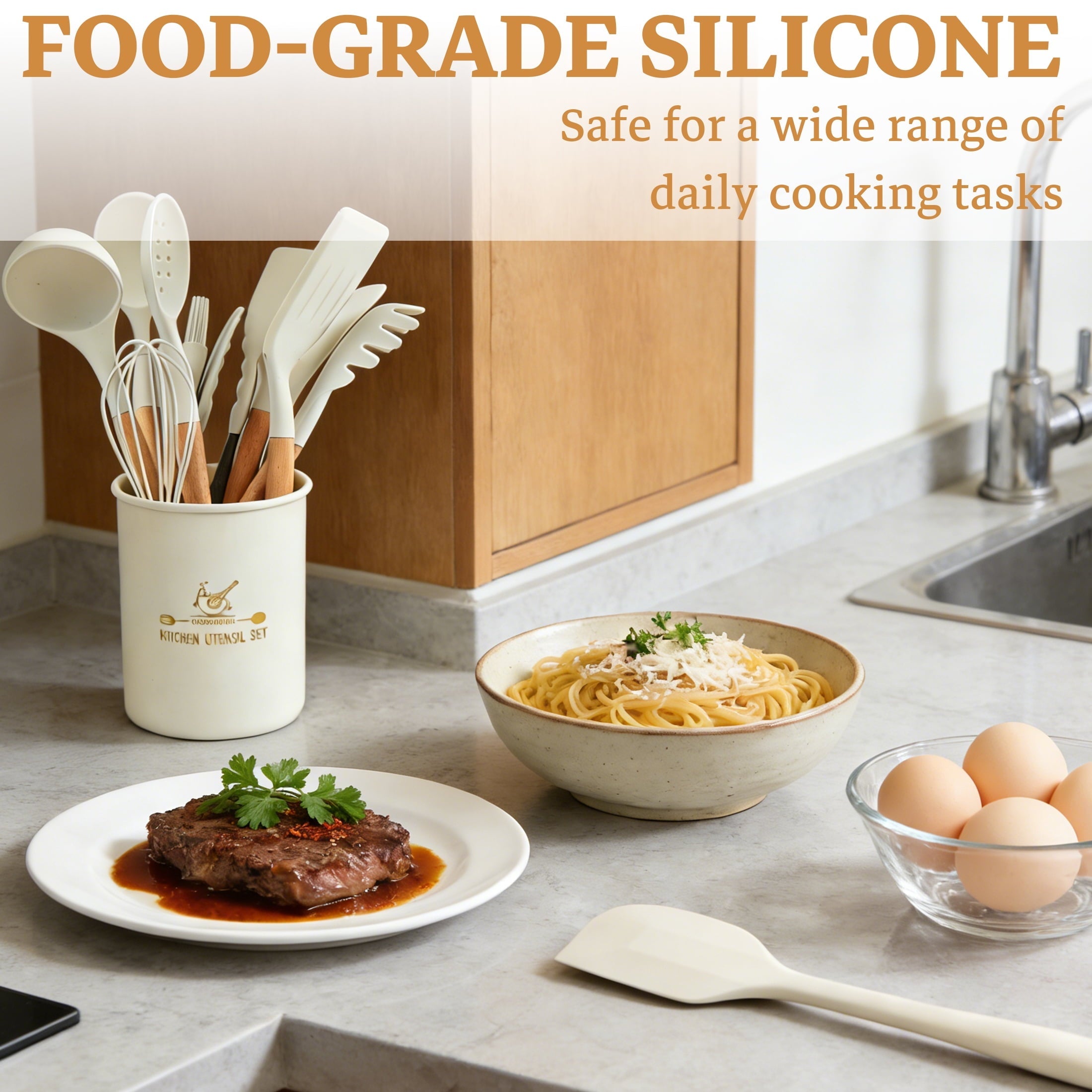 Non-Stick Safe 14-Piece Silicone Cooking Utensils Set, Non-Stick Kitchen Utensil Set for Baking, Flipping, Mixing, White - Durable Turner & Ladle Utensil Set for Home Chefs Detail