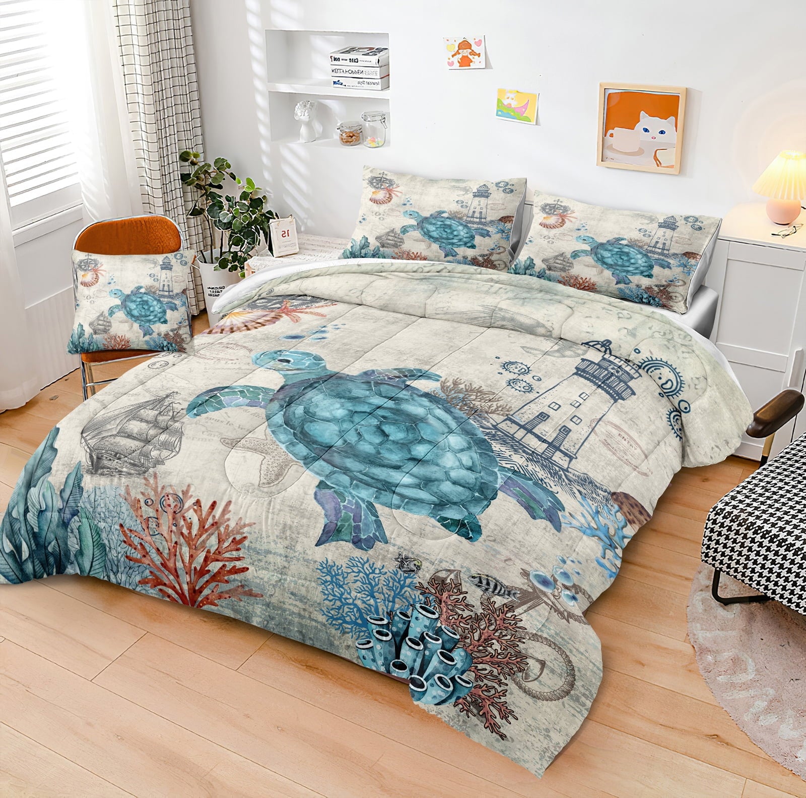 All-Season Sea Turtle Comforter Set Queen Ocean Beach Bedding Set Soft and Lightweight Retro Style Design Coastal Bedding Set - Cloud-Like Soft Lightweight Bed Comforter Detail