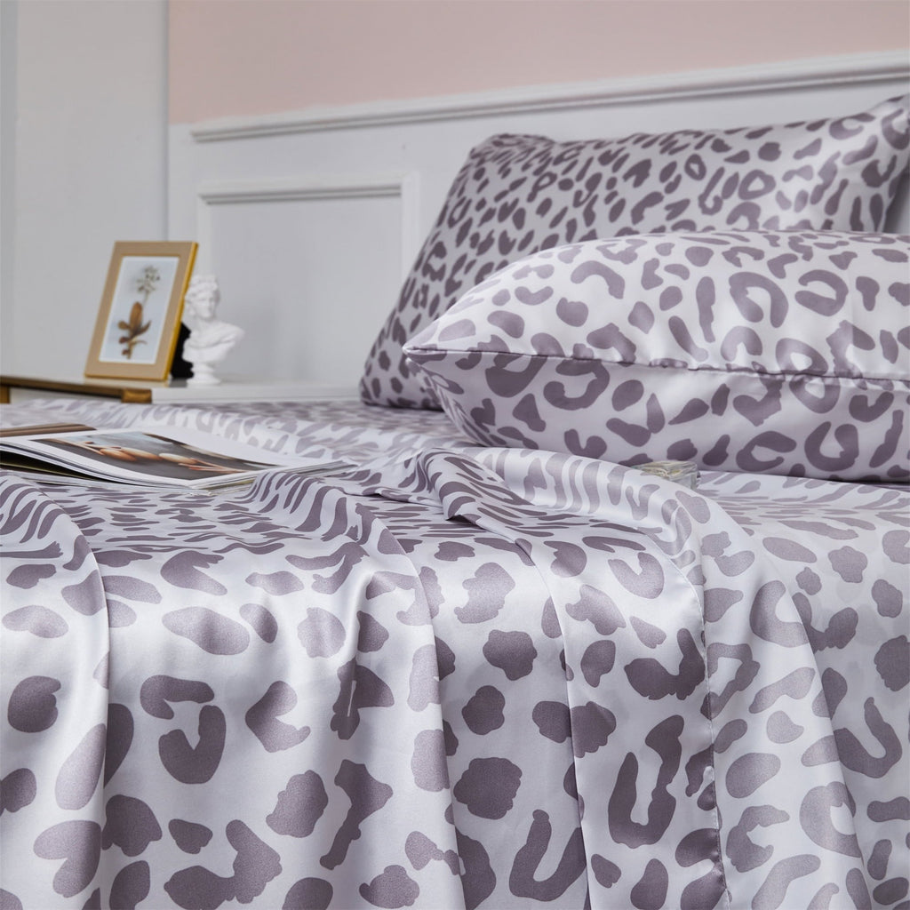 Wrinkle-Resistant Satin Sheets Twin Silk Sheets Silver Leopard Bed Sheet Set Deep Pocket Bed Flat Fitted Sheet, 3-Pieces - Luxury Bed Sheet Set with Deep Pockets Detail