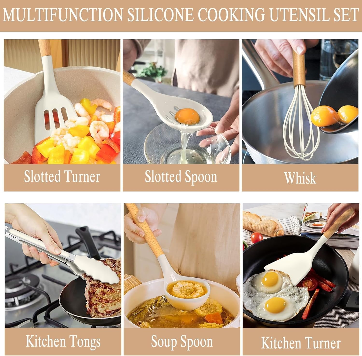 Multi-Functional Kitchen Cooking Utensils Set, 33 pcs Non-stick Silicone Cooking Kitchen Utensils Spatula Set with Holder, Wooden Hand... - Kitchen Gadget Tool for Quick Food Prep Detail