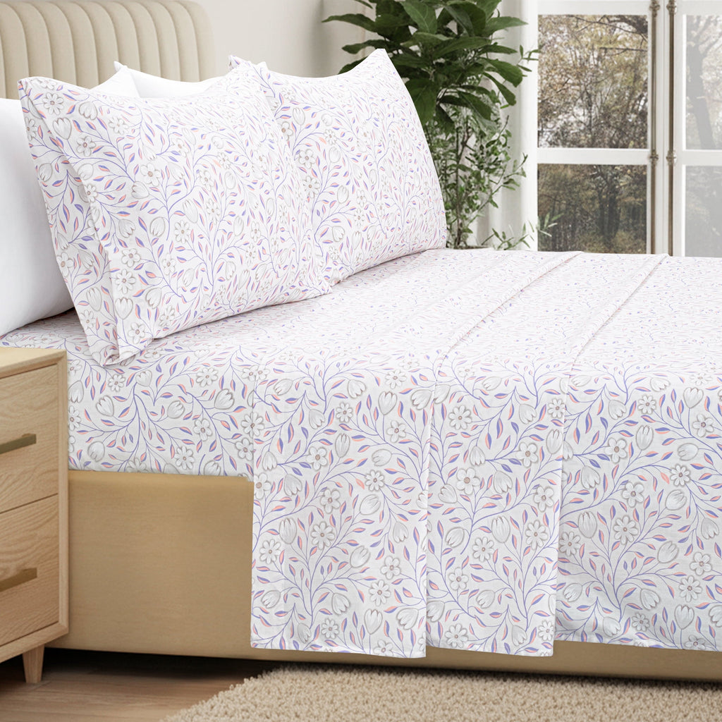 Ultra-Soft 100% Cotton Full Size Sheets,4 Piece Pure Percale Bed Sheets Set Deep Pocket Fits Mattress Upto 15",floral vine pattern - Premium Ultra-Soft Pillowcase Pair for Sleeping Detail