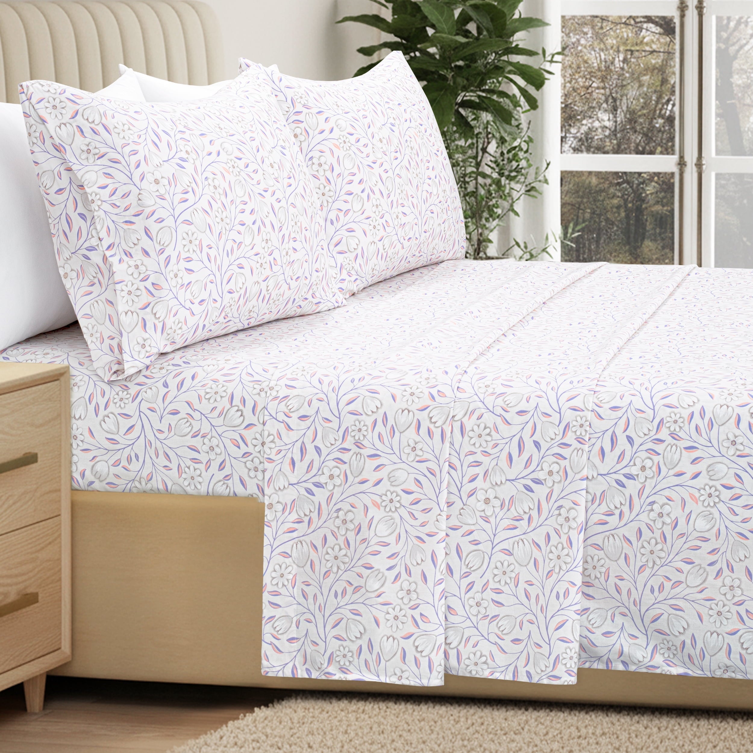 Ultra-Soft 100% Cotton Full Size Sheets,4 Piece Pure Percale Bed Sheets Set Deep Pocket Fits Mattress Upto 15",floral vine pattern - Premium Ultra-Soft Pillowcase Pair for Sleeping Detail