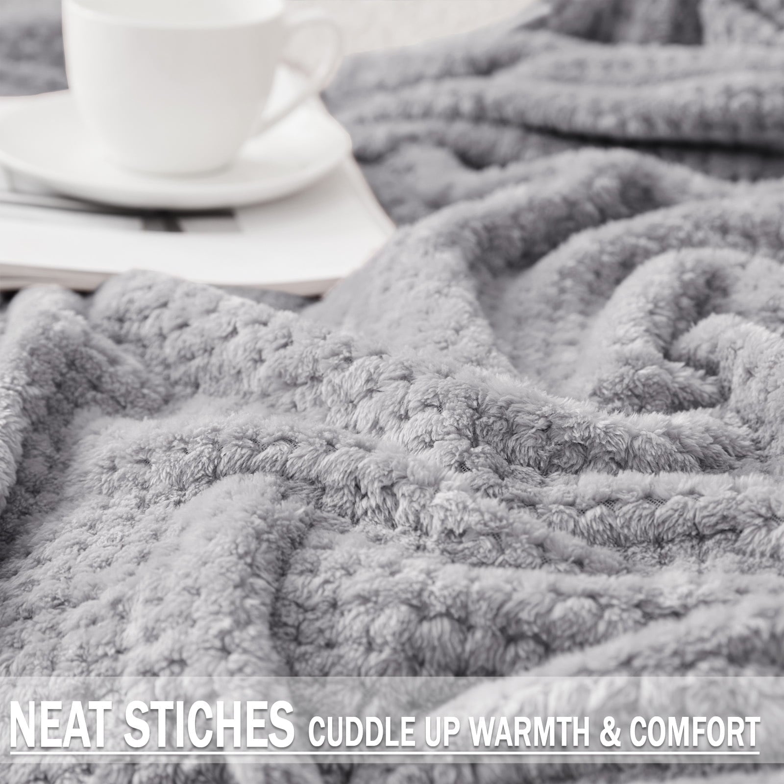 Cozy Fleece Waffle Textured Extra Large Fleece Blanket, Super Soft and Warm Throw Blanket for Couch, Sofa and Bed (Light Grey, 50... - Luxury Knitted Decorative Throw Blanket with Fringes Detail