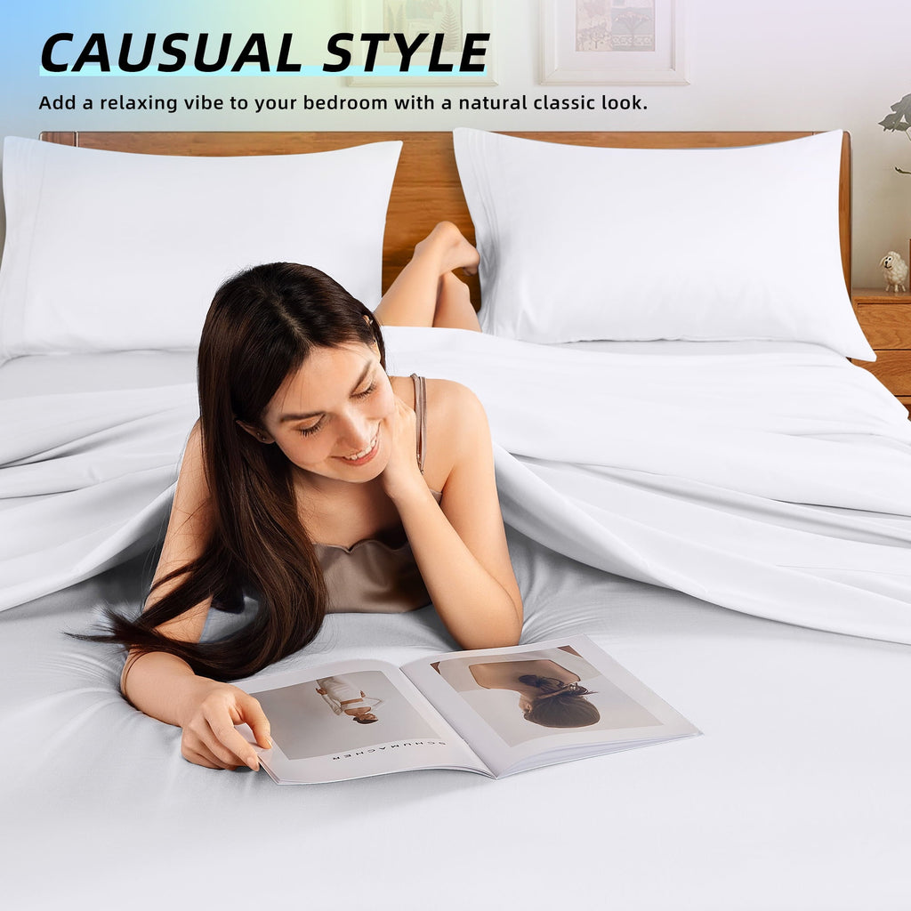 Wrinkle-Resistant Bed Sheets Set, Microfiber Deep Pocket 4 Pieces Luxury Soft Sheet Set, Queen, White - Cooling Hotel Quality Bedding Sheets and Pillowcases Detail
