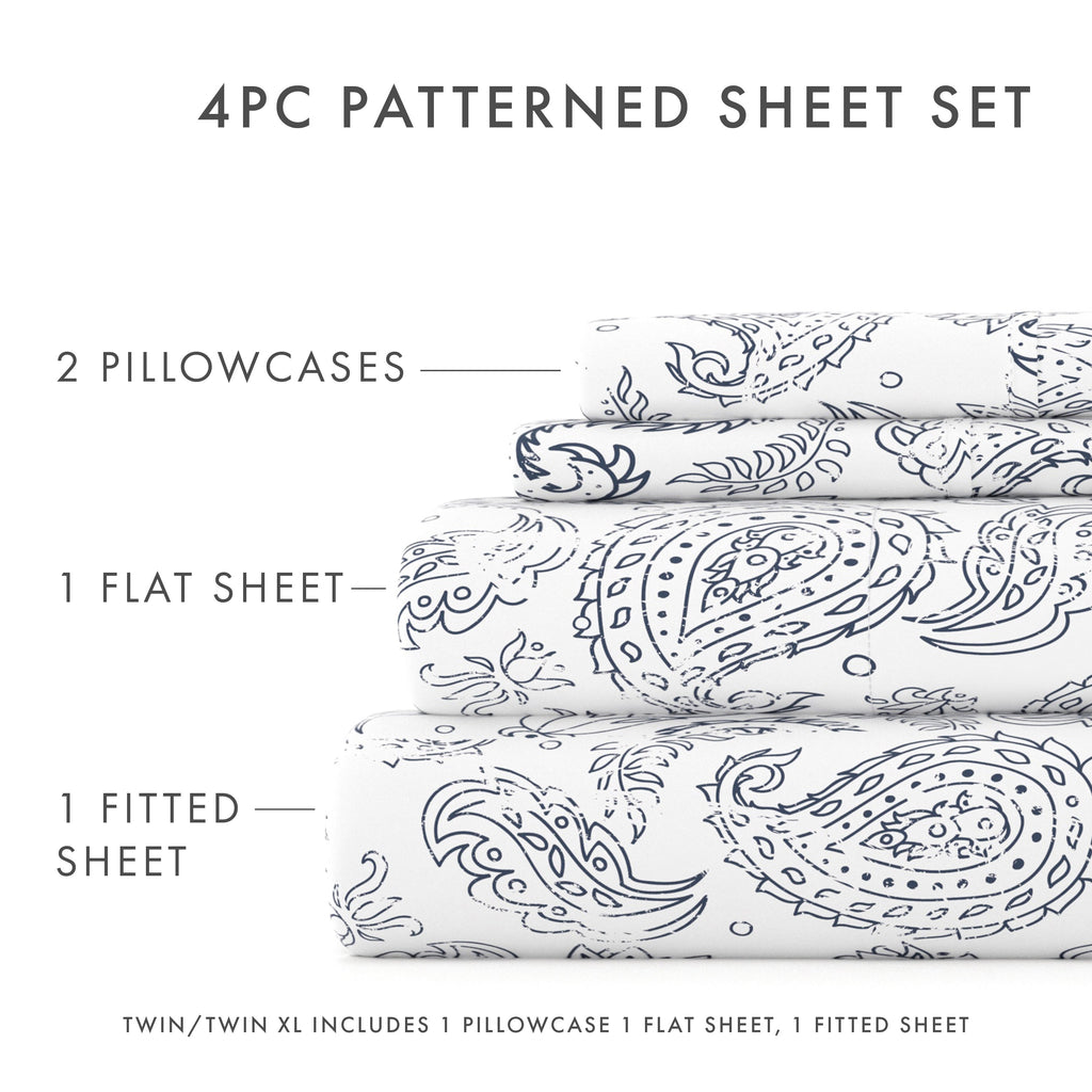 Breathable Luxury 4 Piece Pattern Microfiber Bed Sheets Set, Navy Coarse Paisley, Full - Cooling Hotel Quality Bedding Sheets and Pillowcases Detail