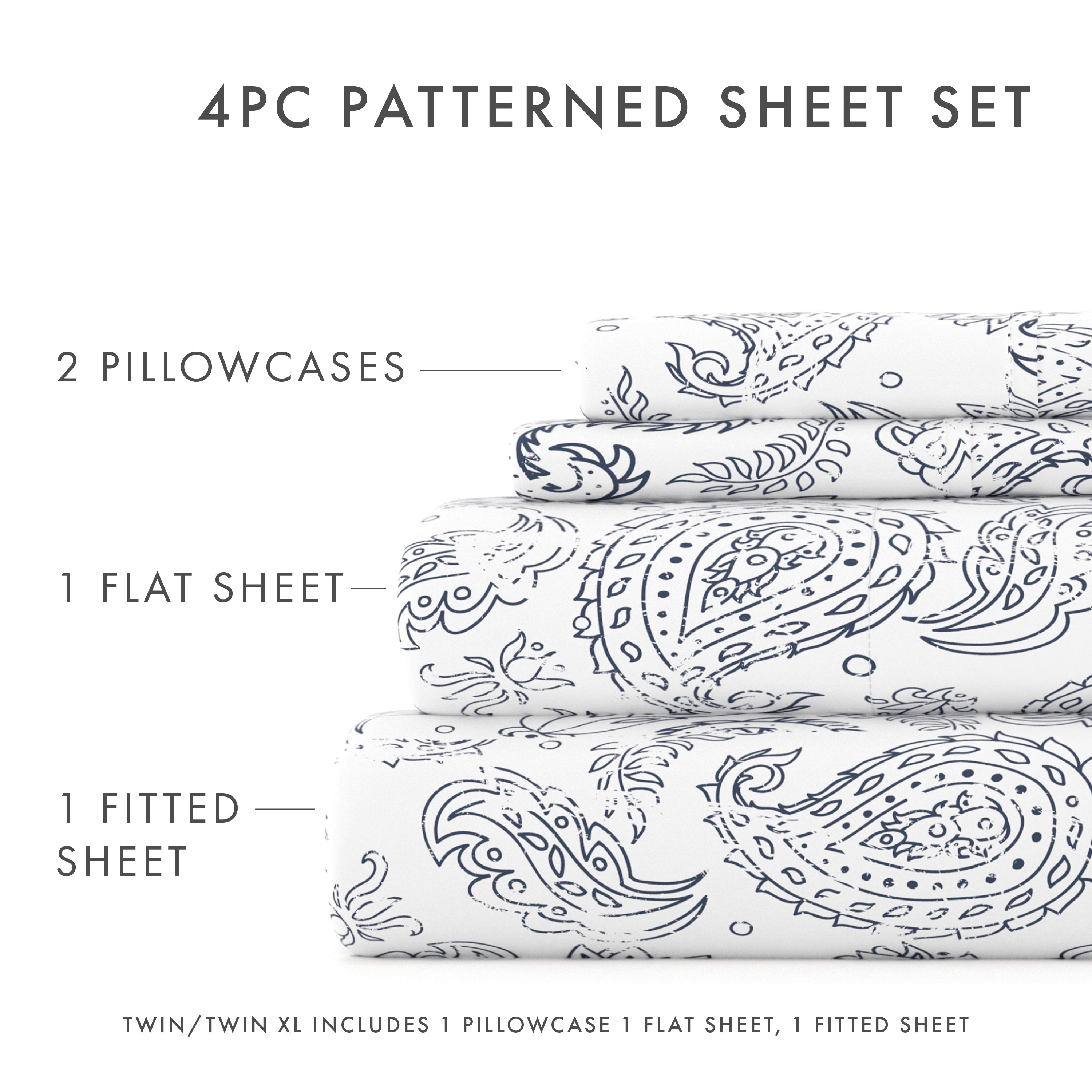 Breathable Luxury 4 Piece Pattern Microfiber Bed Sheets Set, Navy Coarse Paisley, Full - Cooling Hotel Quality Bedding Sheets and Pillowcases Detail