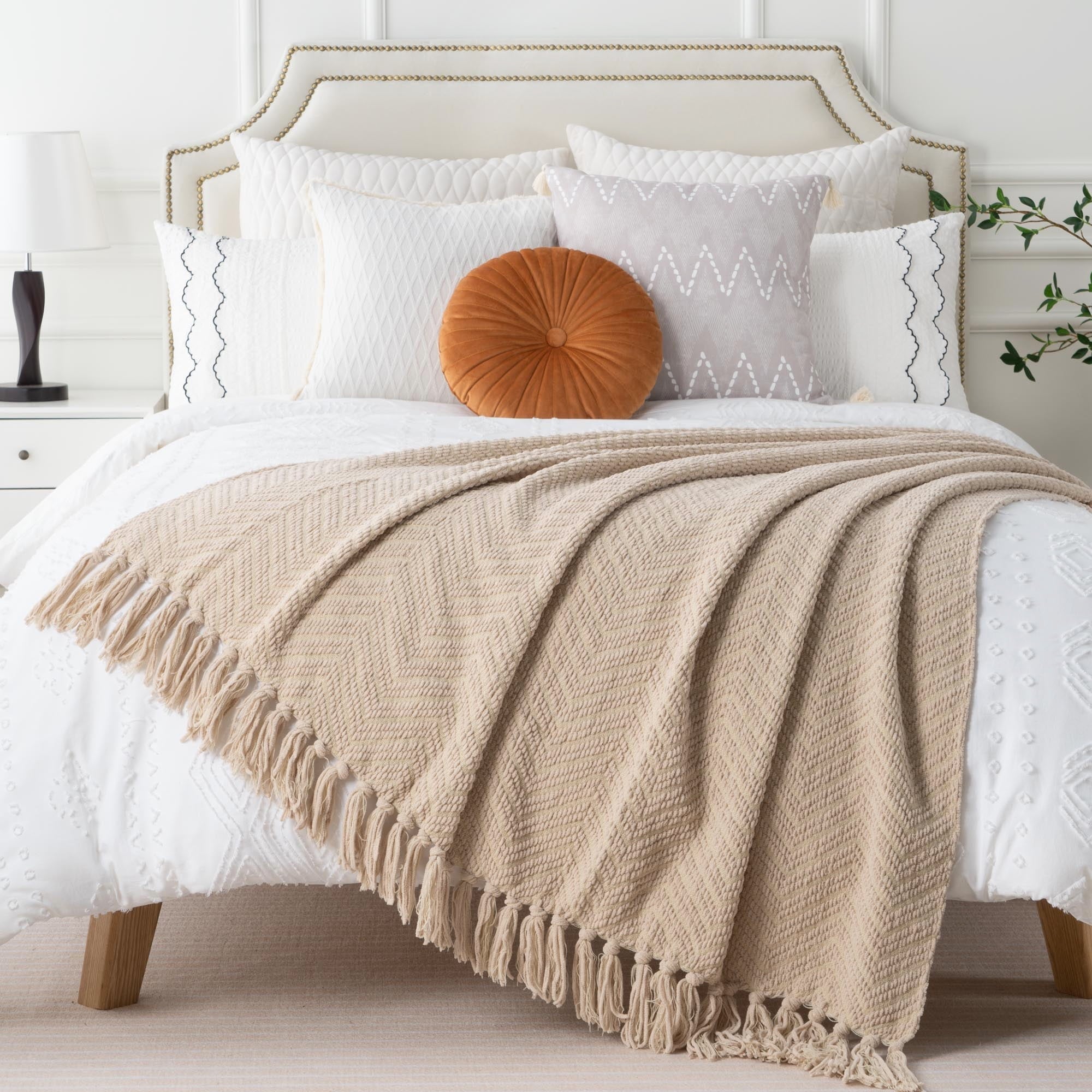 Lightweight Warm Beige Throw Blanket,Textured Knitted Tan Throws with Tassels,Neutral Sofa Bed Throws,50"x60" - Luxury Knitted Decorative Throw Blanket with Fringes Detail
