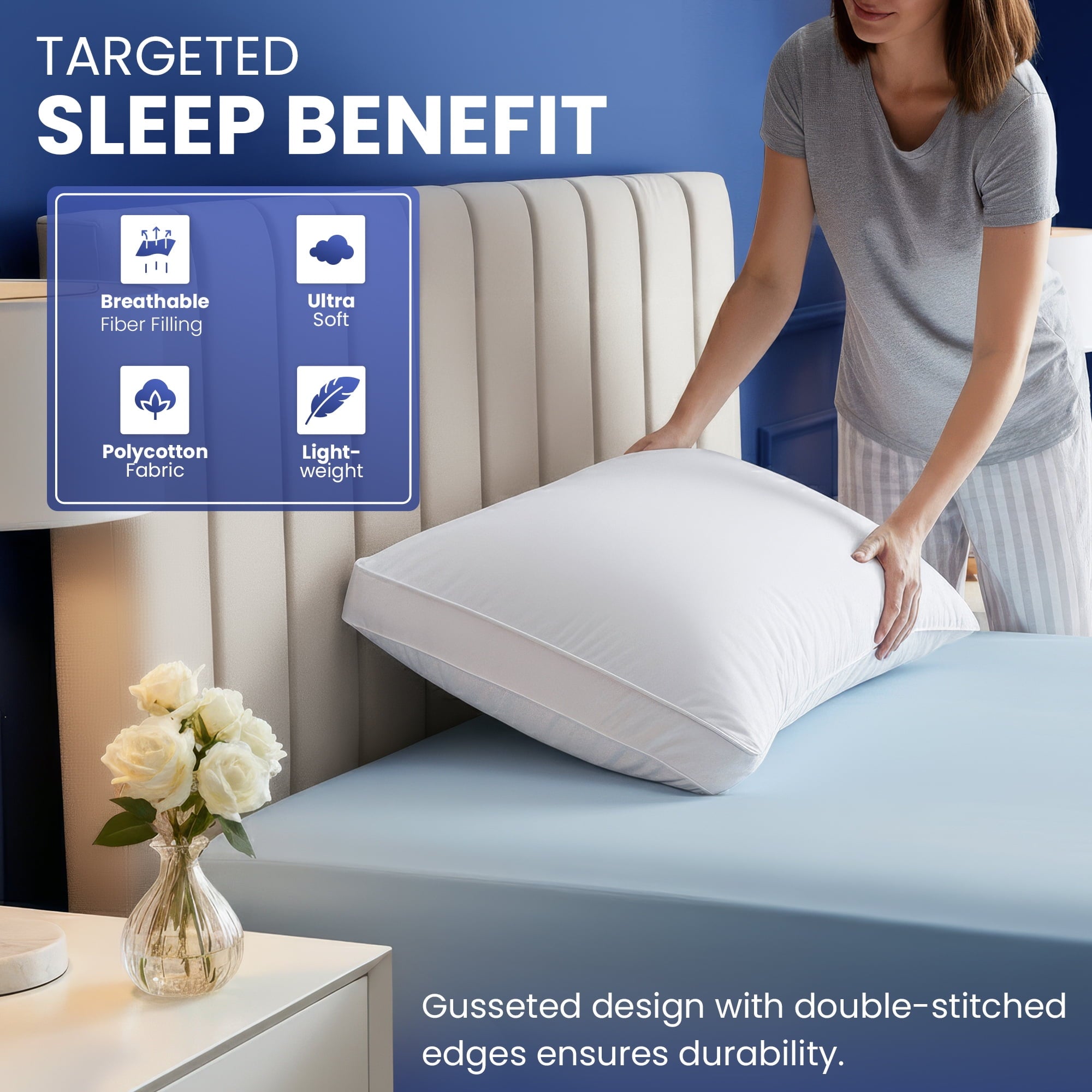 Hotel Collection Queen Bed Pillow, 26"L x 18" W, Set of 2, Soft and High-Quality, Gusseted Pillow for All Sleep Positions (White) - Orthopedic Shredded Foam Bed Pillow Set Detail