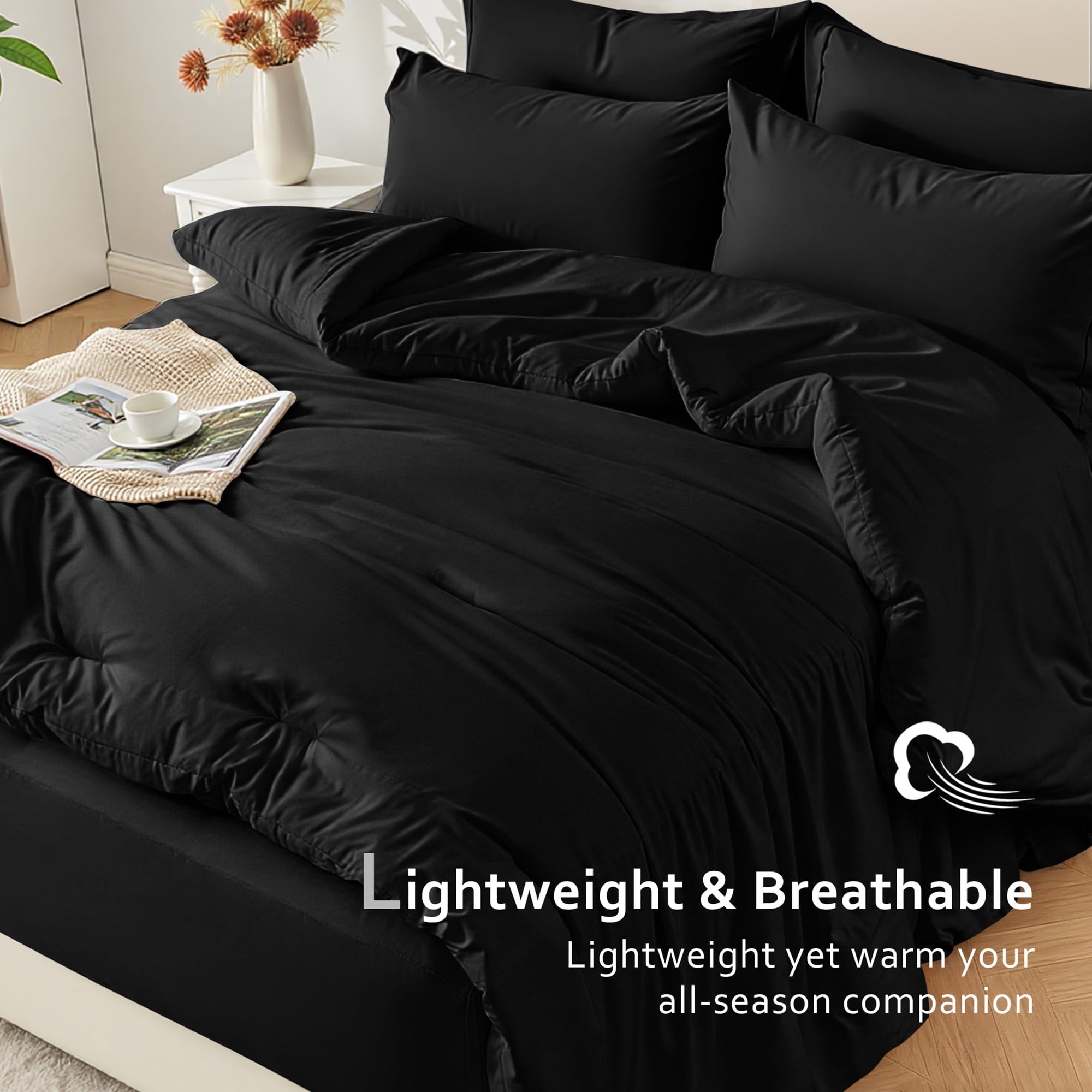 Fluffy Down Alternative 5-Piece Bed in Bag - Twin Size Comforter Sets, Pillowcases & Sheet Collection for Cozy Bedding Sets Black - All-Season Down Alternative Comforter Insert Detail