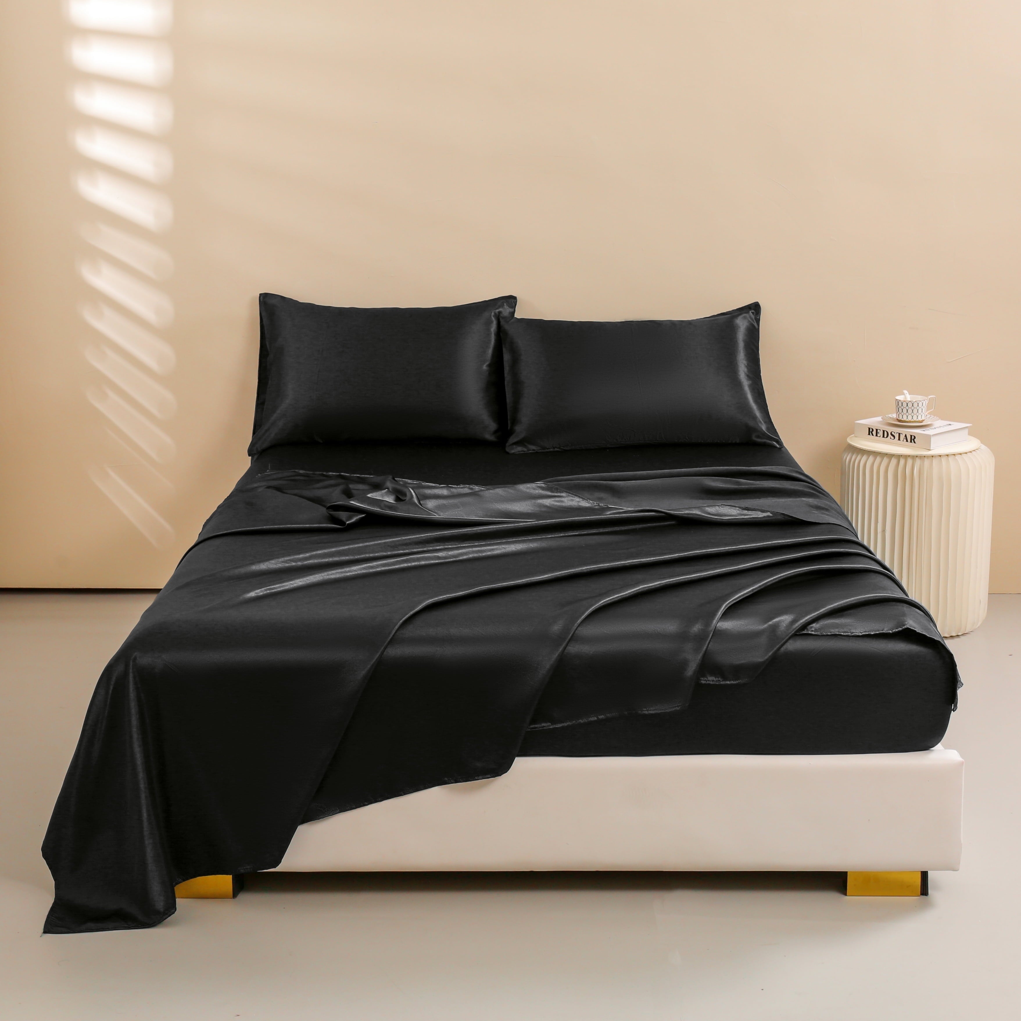 Premium Egyptian Cotton 4Pcs Black Satin Sheets Queen Set Silk Sheets 13" Deep Pocket Ultra Soft silky Bed Sheet Set - Premium Ultra-Soft Pillowcase Pair for Sleeping Detail