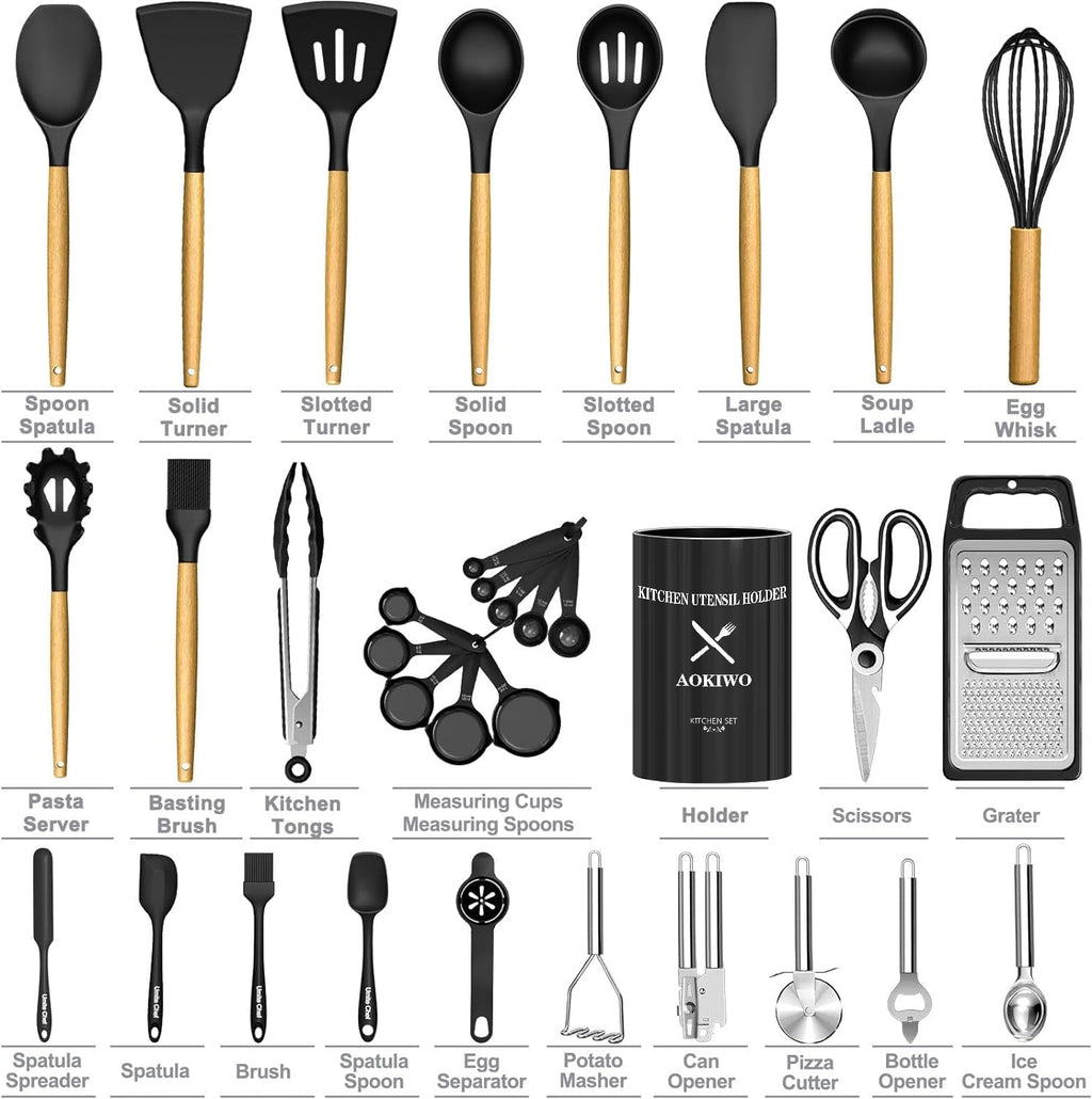 Chef-Quality Kitchen Utensil Set, 34Pieces Silicone Cooking Utensil Set with Wooden Handle, Heat Resistant Spatula Set Gadg... - Professional Kitchen Tool for Culinary Enthusiasts Detail