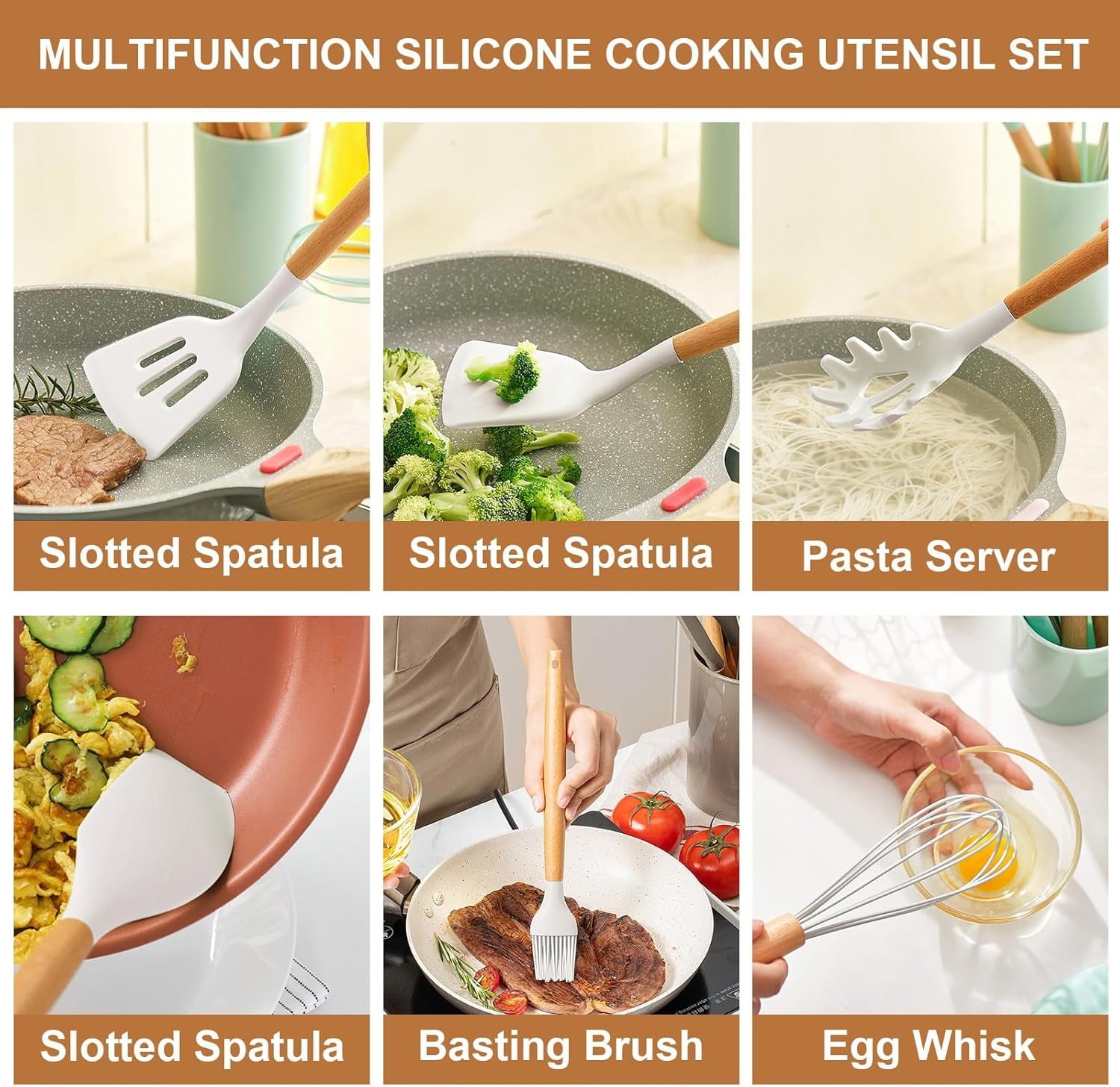 Premium Silicone Cooking Utensils Set, 12 packs Non-Stick Silicone Cooking Kitchen Utensils Spatula Set with Wooden Handles and... - Heat-Resistant Silicone Cooking Spatula Turner Detail