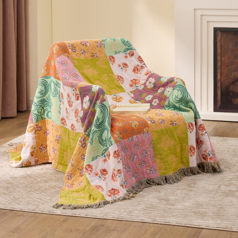 Reversible Sherpa 100% Cotton Boho Blankets for Home Decor – Colorful Patchwork Reversible Farmhouse Quilt Bedding, Vintage Woven Decor... - Luxury Knitted Decorative Throw Blanket with Fringes Detail